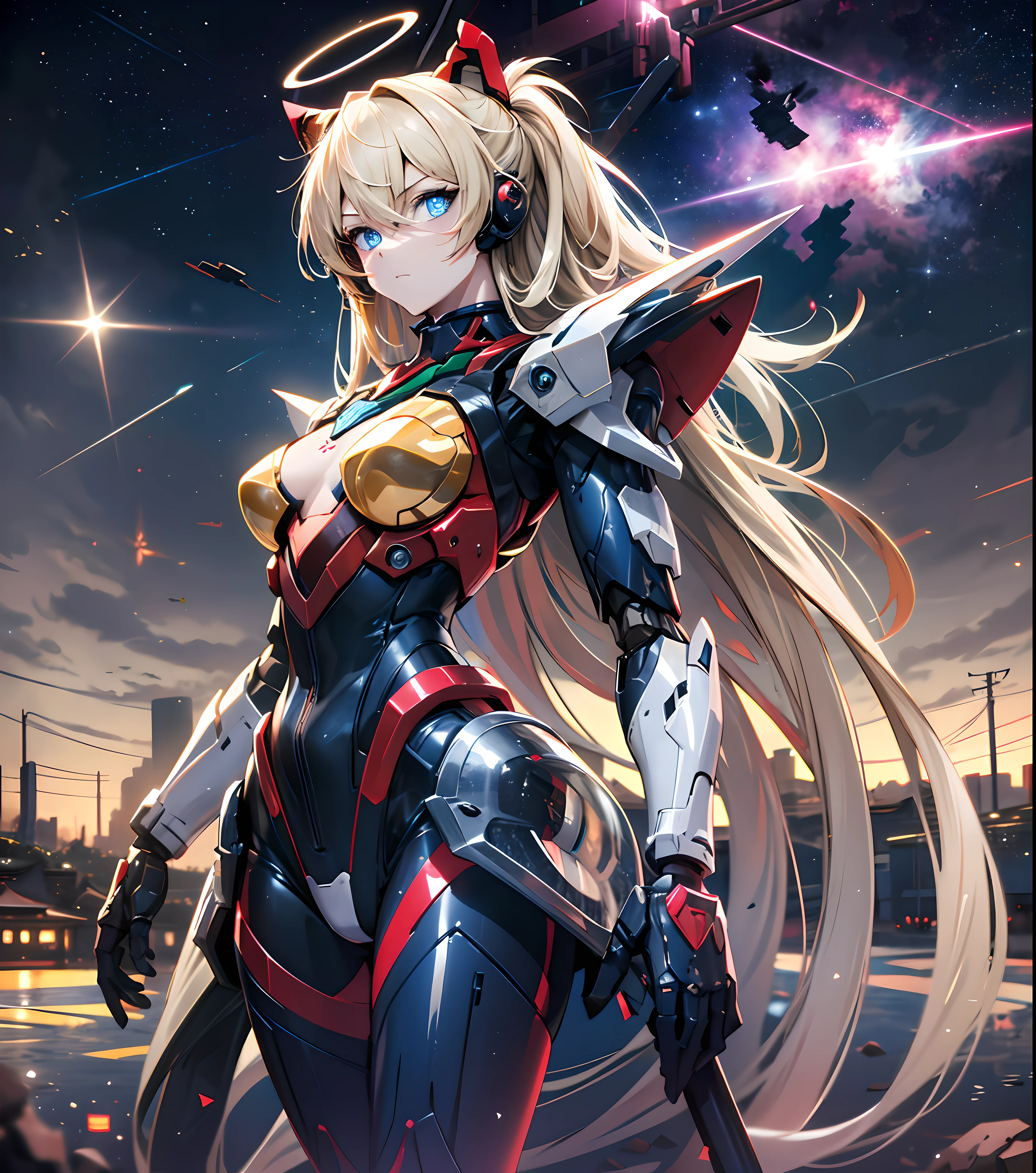 Masterpiece, best quality, super detailed, very detailed illustration, very detailed, complex details, high resolution, super complex details, very detailed 8k CG wallpaper, cowboy lens, caustics, reflections, ray tracing, demon theme, nebula, dark aura, network effects, (1 girl:1.4), Asuka, single, alone, mecha musume, mechanical parts, robot joints, single robotic arm, headdress, mechanical halo, star halo, complex mechanical tights, mecha corset, Fully armored, Very long hair, yellow hair, hair between eyes, blue eyes, glowing eyes, eye tracks, random expressions, random movements, ancient Japanese architecture, ponds, starry sky, skyline,