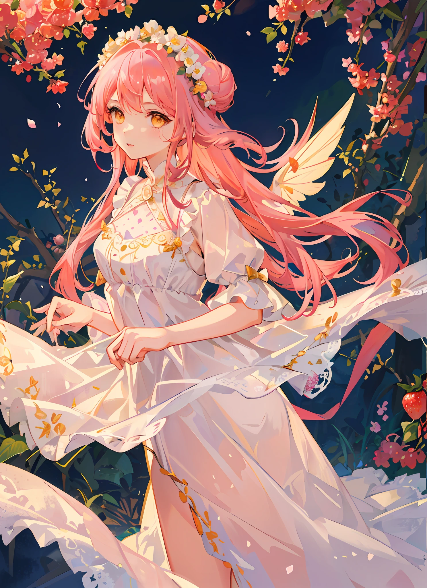 1girl. (masterpiece, best quality, ultra-detailed), strawberry garden, big berries, strawberry fairy, long white and pink embroided lace dress, pink flowy hair with buns, yellow eyes, flower crown, iridescent fairy wings, sunlight, Volumetric light.