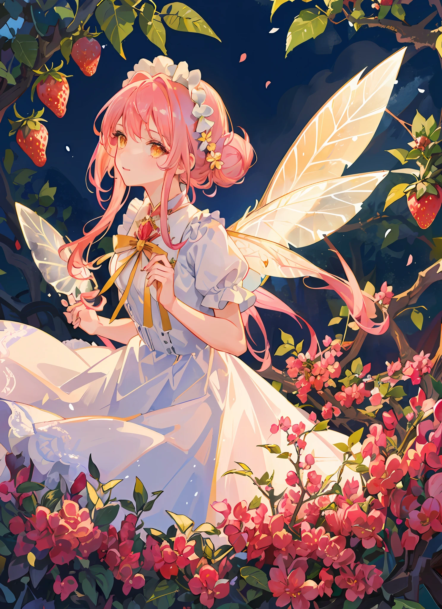 1girl. (masterpiece, best quality, ultra-detailed), strawberry garden, big berries, strawberry fairy, long white and pink embroided lace dress, pink flowy hair with buns, yellow eyes, flower crown, iridescent fairy wings, sunlight, Volumetric light.