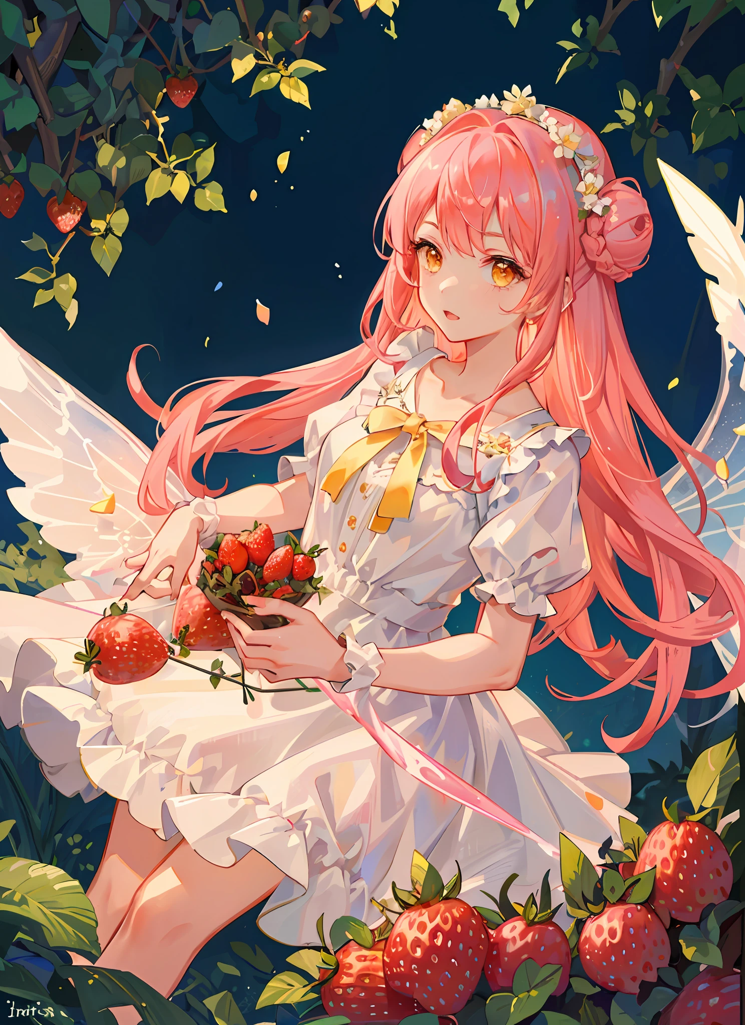 1girl. (masterpiece, best quality, ultra-detailed), strawberry garden, big berries, strawberry fairy, long white and pink embroided lace dress, pink flowy hair with buns, yellow eyes, flower crown, iridescent fairy wings, sunlight, Volumetric light.