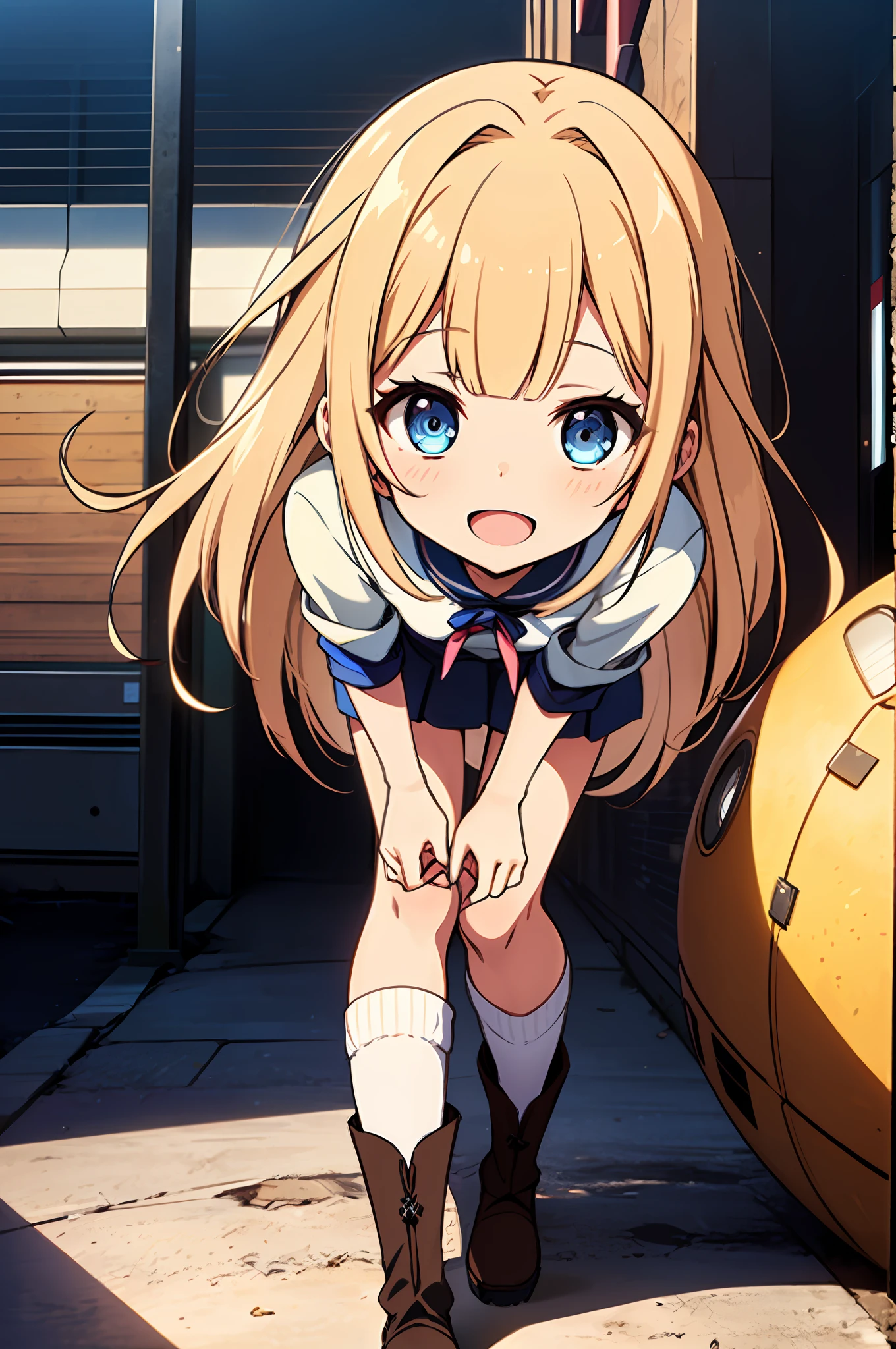 Masterpiece, Top Quality, Ultra Detailed, 8k_wallpaper, (Beautiful Eyes), (Cute)), Cute, (Lovely), (Erotic),Anime Moe Art Style,Casual Clothing、Barely Short Skirt、Long Hair,Straight Hair,Absolute Area,Knee Socks,Short Boots,Adult Women,Smile,Crisp Bangs,Open Mouth,