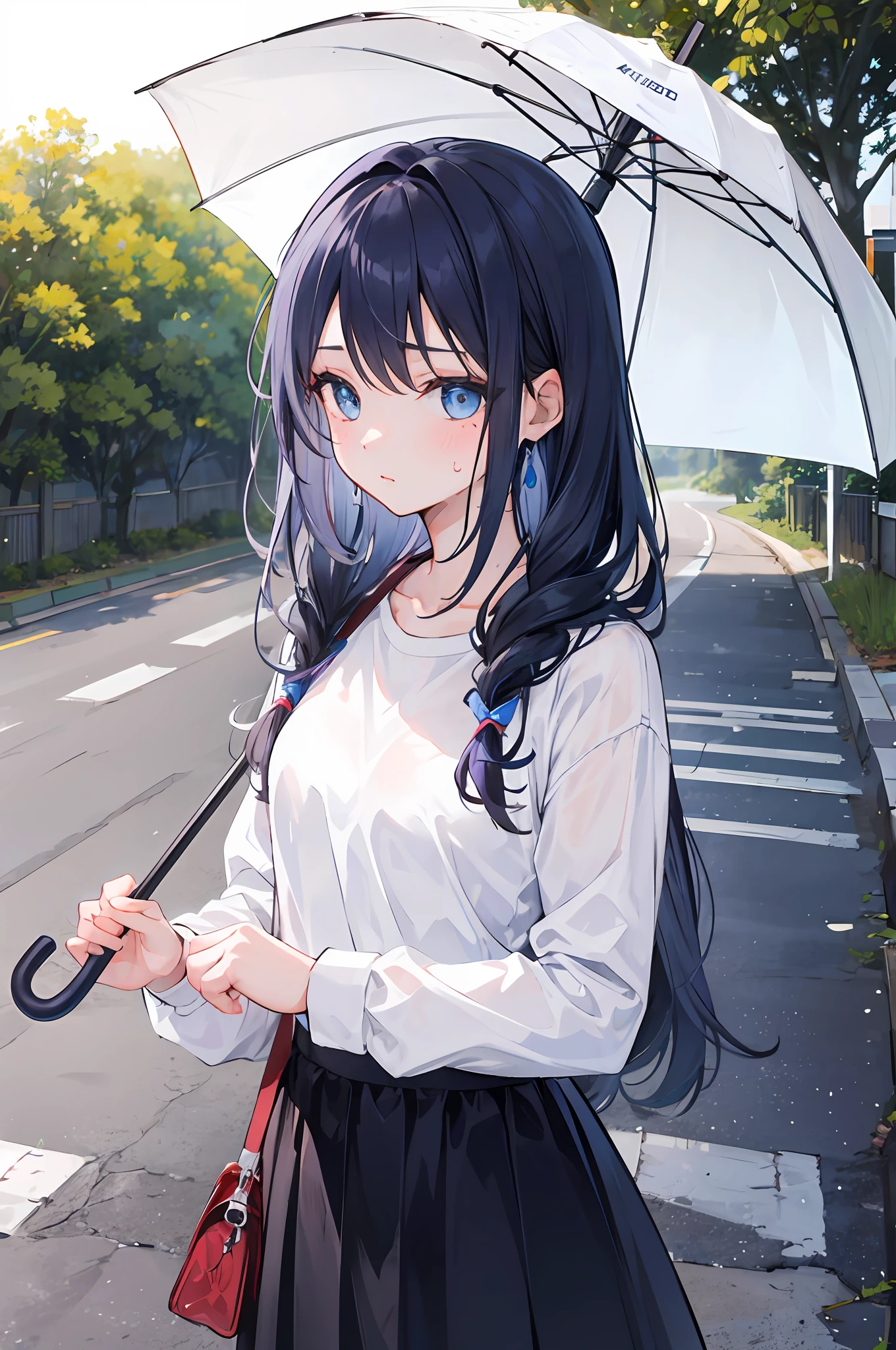(1 girl: 1.1) ,,//, blue eyes, standing on the side of the road, sweaty, white shirt, umbrella