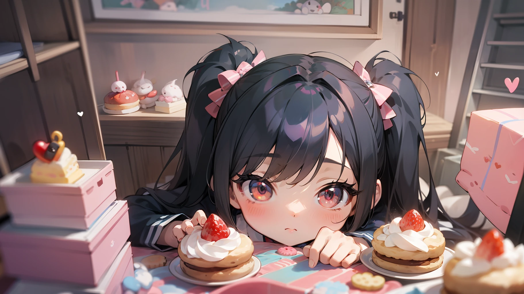 , loli, girop world, pastel colors, yumekawa, lots of stuffed animals, crane games, sweets, shortcakes, sailor suit with frills, black hair, red eyes, twin tails, snappy, fair skin, slender, small, heart in the eyes, dream world