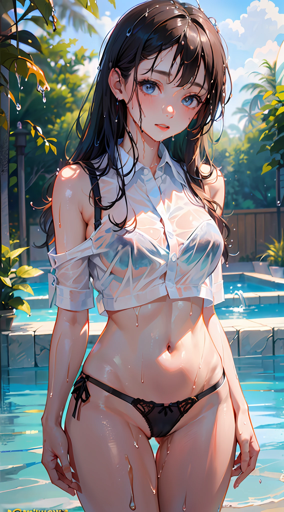 1 girl, single, blue sky, (((wet white shirt)))), ((no bra))))), exposed shoulders and entire navel, no pants, ((((wet thin line thong panties)))), almost completely naked, nsfw, panties almost transparent, (((delicate private details)), (((thin line thong panties))))