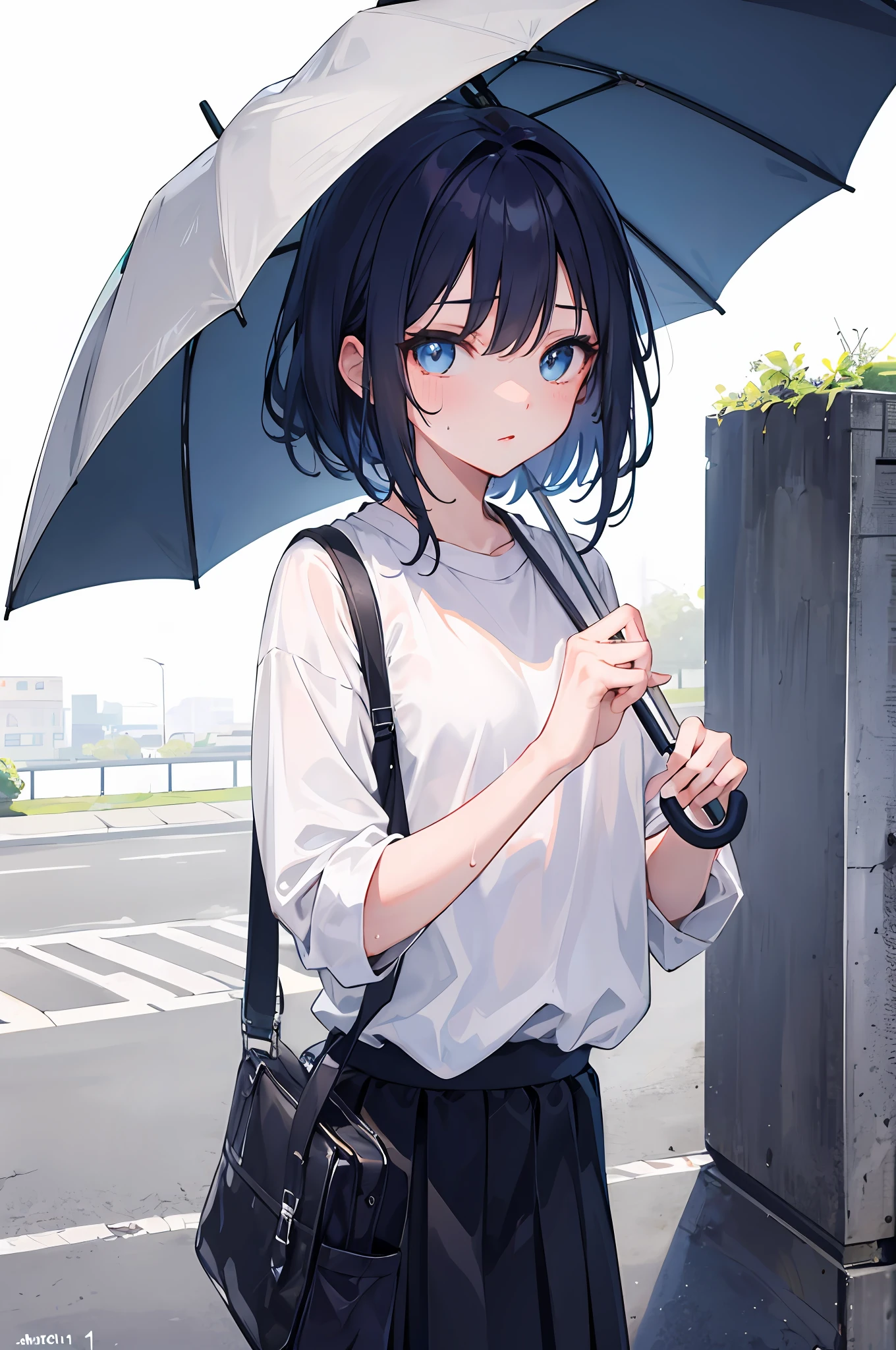 (1 girl: 1.1) ,,//, blue eyes, standing on the side of the road, sweaty, white shirt, umbrella