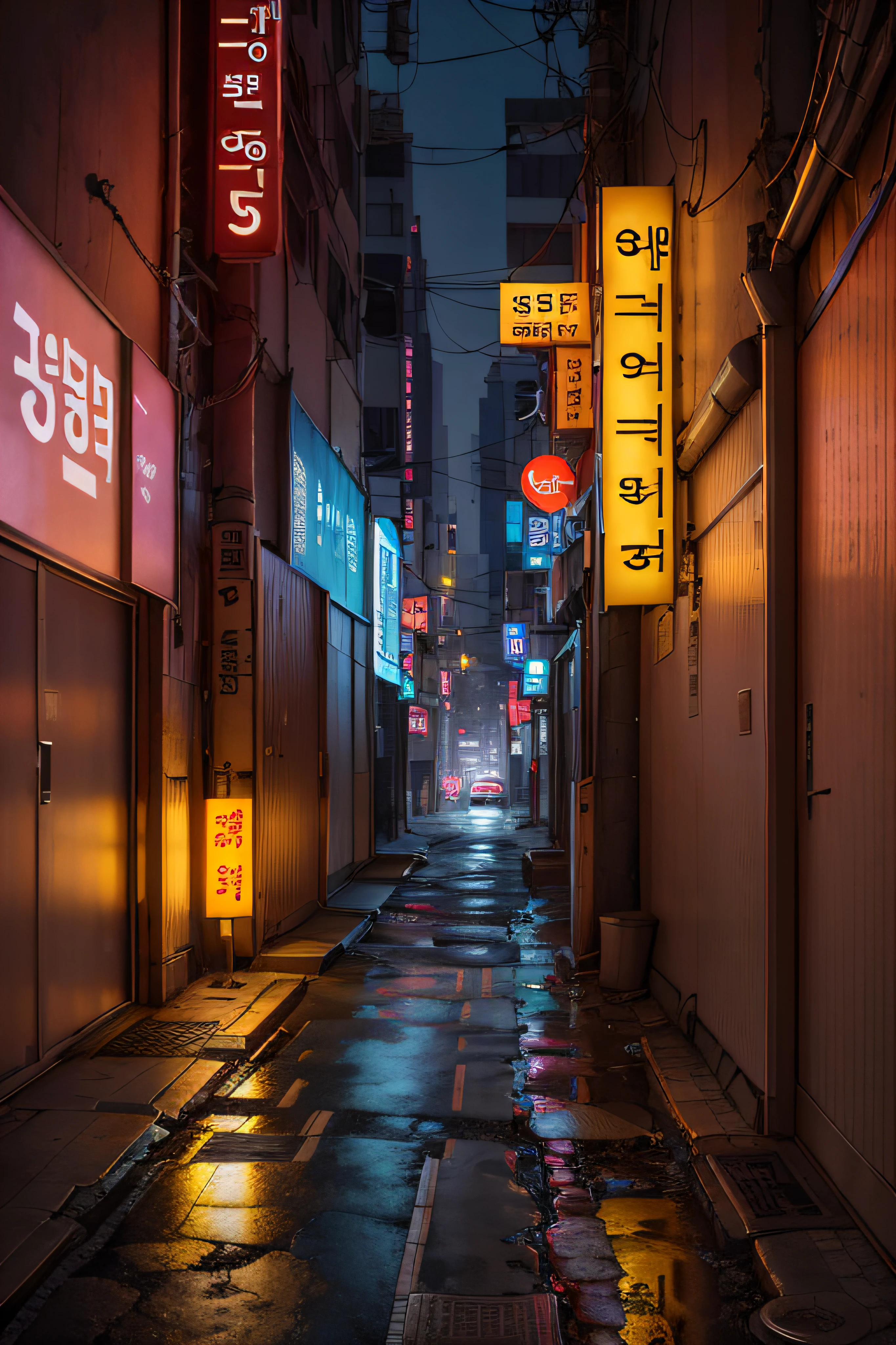 lonely ally in Seoul, cyberpunk city from sci-fi movie, empty street, Korean, Korean signs, intricate, hyper-detailed, realistic, ultra-realistic, high quality, ultra detail, crazy detail, photo realism, 8k