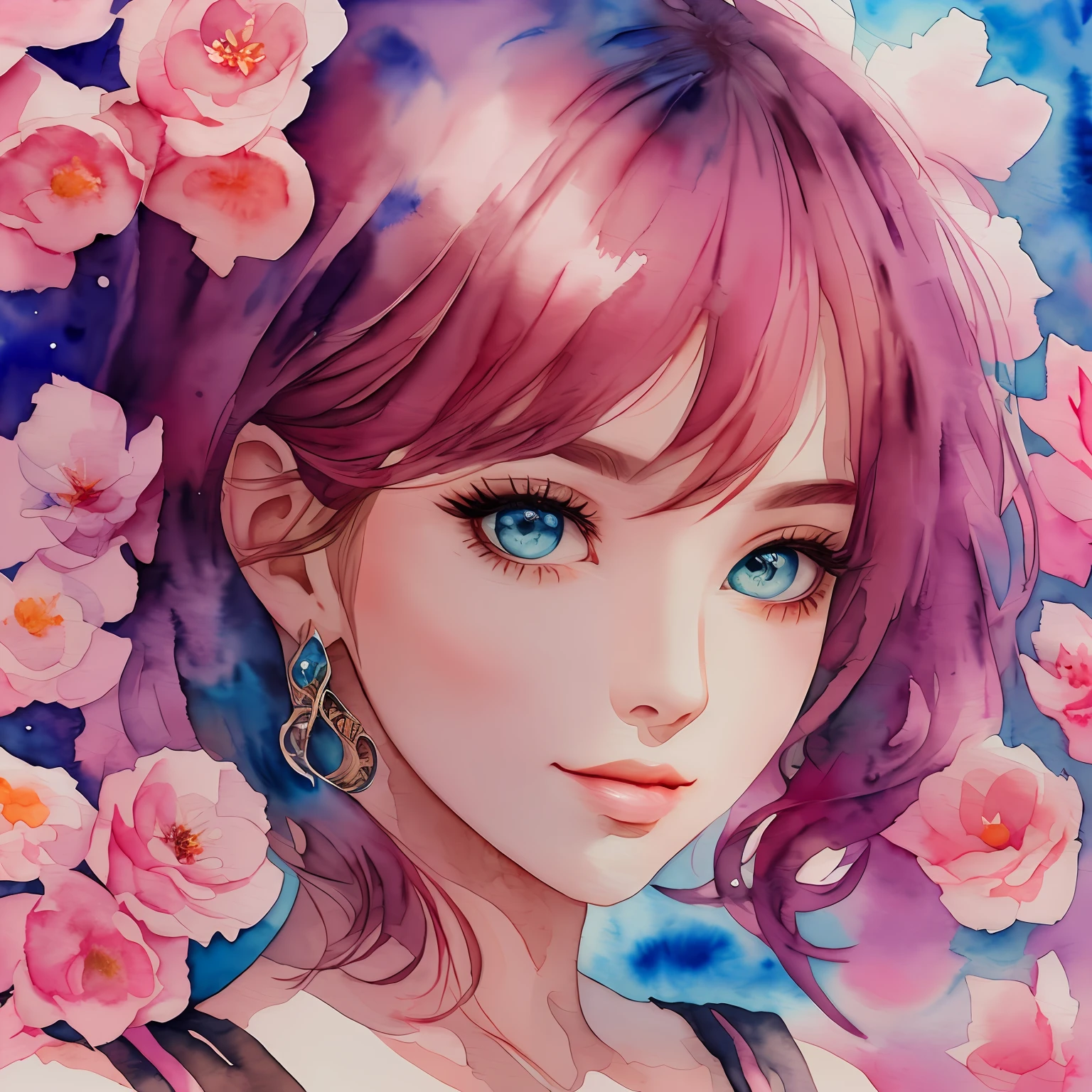 (Best Quality), (Masterpiece: 1.2), (Colorful: 0.9), (Ink Splash), (Color Splash), ((Watercolor)), Sharp Focus, (Portrait Summer Goddess: 1.5), Cute Look, Elegant Pink Haircut, Beautiful and Detailed Face and Eyes, Elegant Clothes, Spring Forest Background, Colored Water