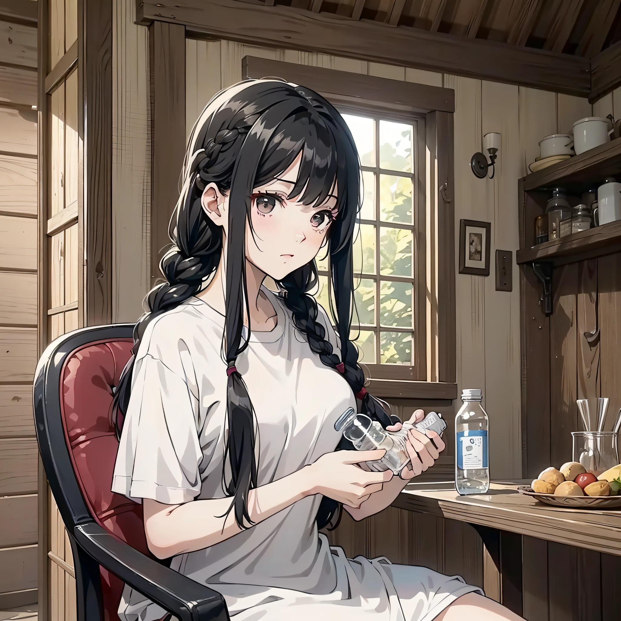 A woman in a white shirt with long black braided hair sitting in the house, feeding a baby with a bottle (upper body display 1.5) (background is in the village house 1.5) (girls 1.8) (cinematic light 1.5) (master masterpiece: 1.4), hyper detail, anime style 4 K, anime rendering, anime style. 8k,