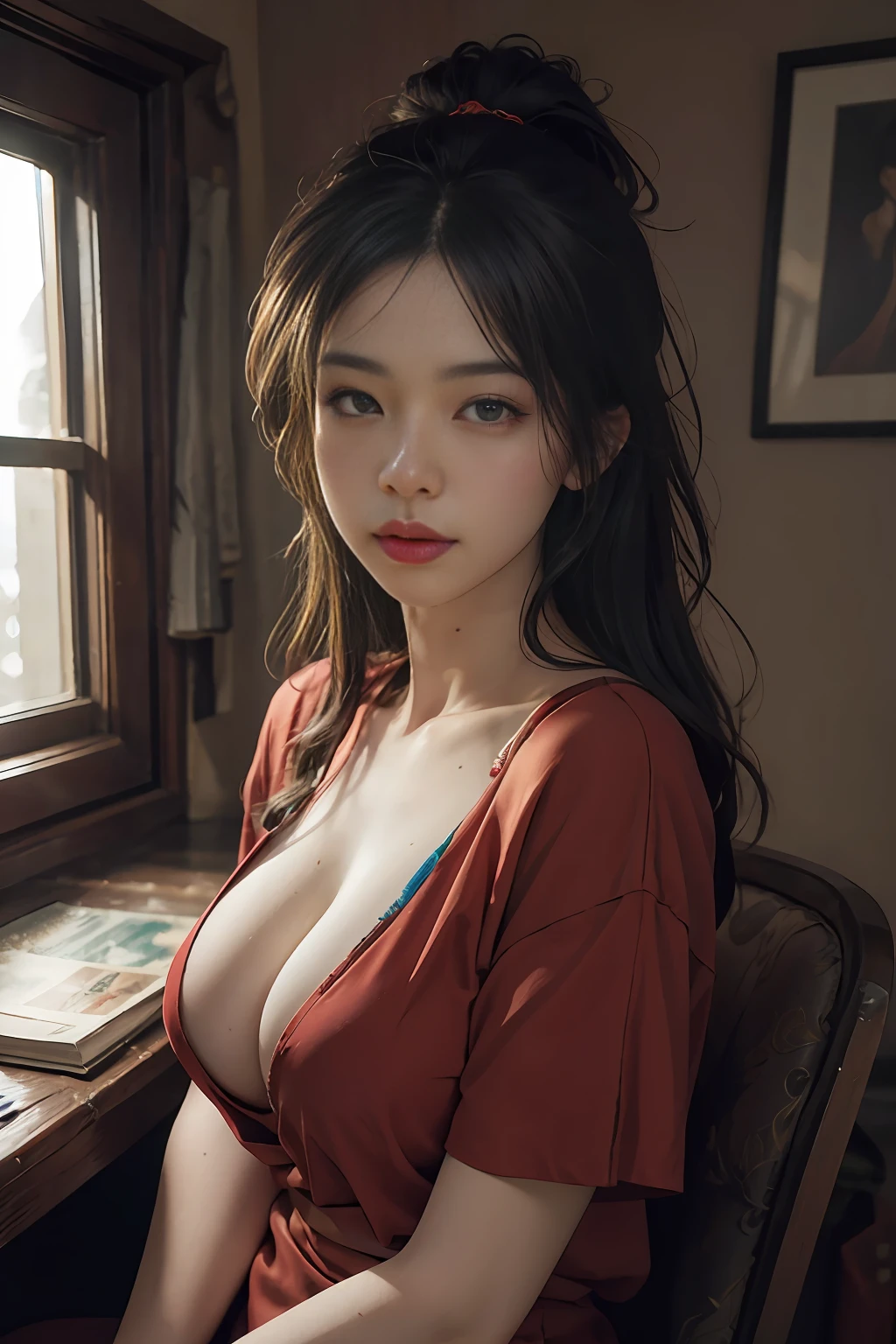 (RAW photo, best quality), (realistic, photo-realistic:1.3), best quality, highly detailed, masterpiece, ultra-detailed, illustration, 1girl, upper_body, dynamic angle, world mastery theater, messy_long_hair,best quality, extremely detailed CG unity 8k壁纸,墨水,惊人,电影灯光,lens_flare,dunhuang_style,large boobs, no bra, red clothes, trapless lap,