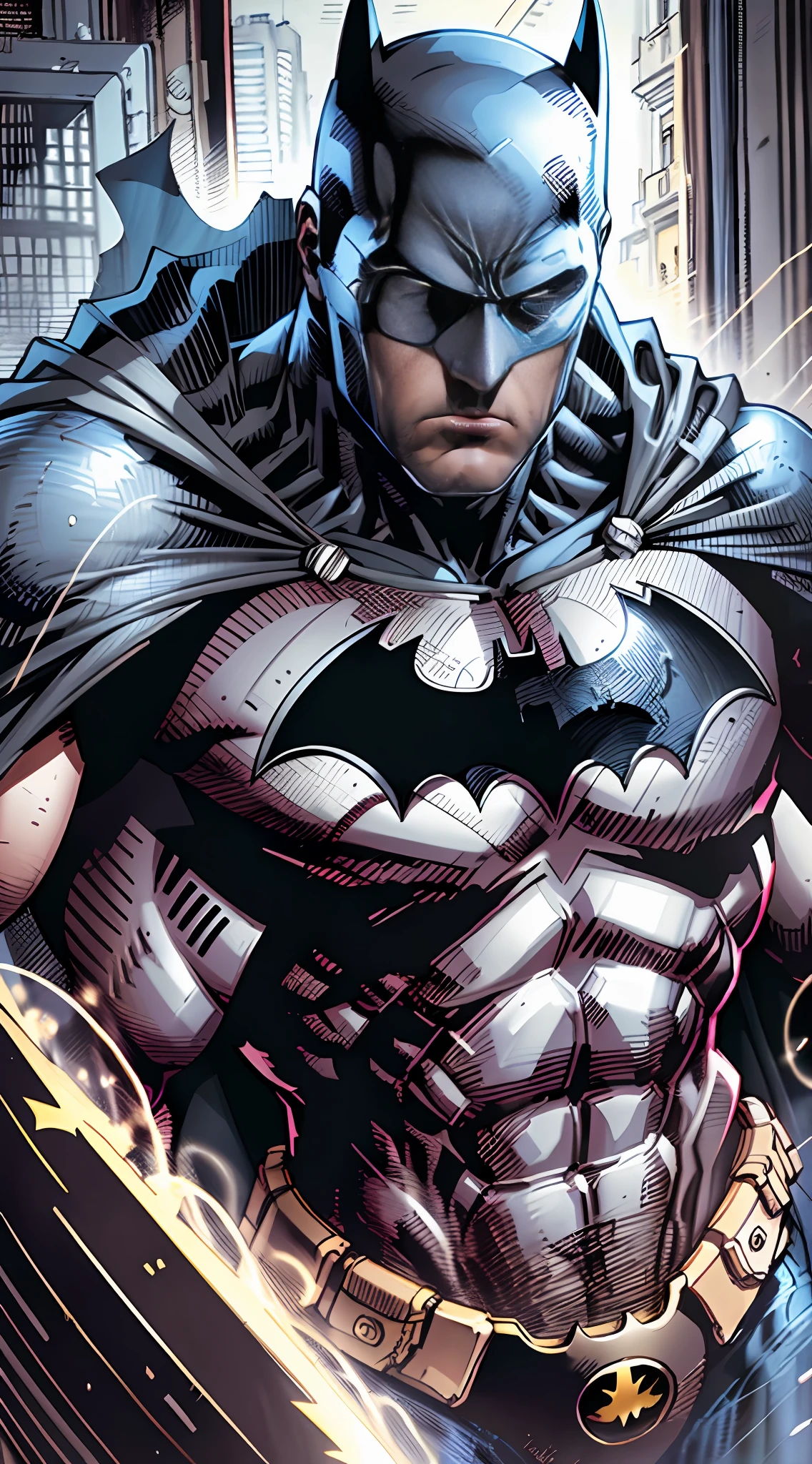 1 man, solo, Ben Affleck as Batman, tall, hunk, muscular, bulk, wide shoulder, photorealism, dark dirty grey suit, dark grey arms, ((no mask)), mask off, black hair, black gloves, best quality, masterpiece, high resolution:1.2, black cape, high detailed mask, high detailed suit, high detailed face, award winning, night time, a dark cave in the background, indoors