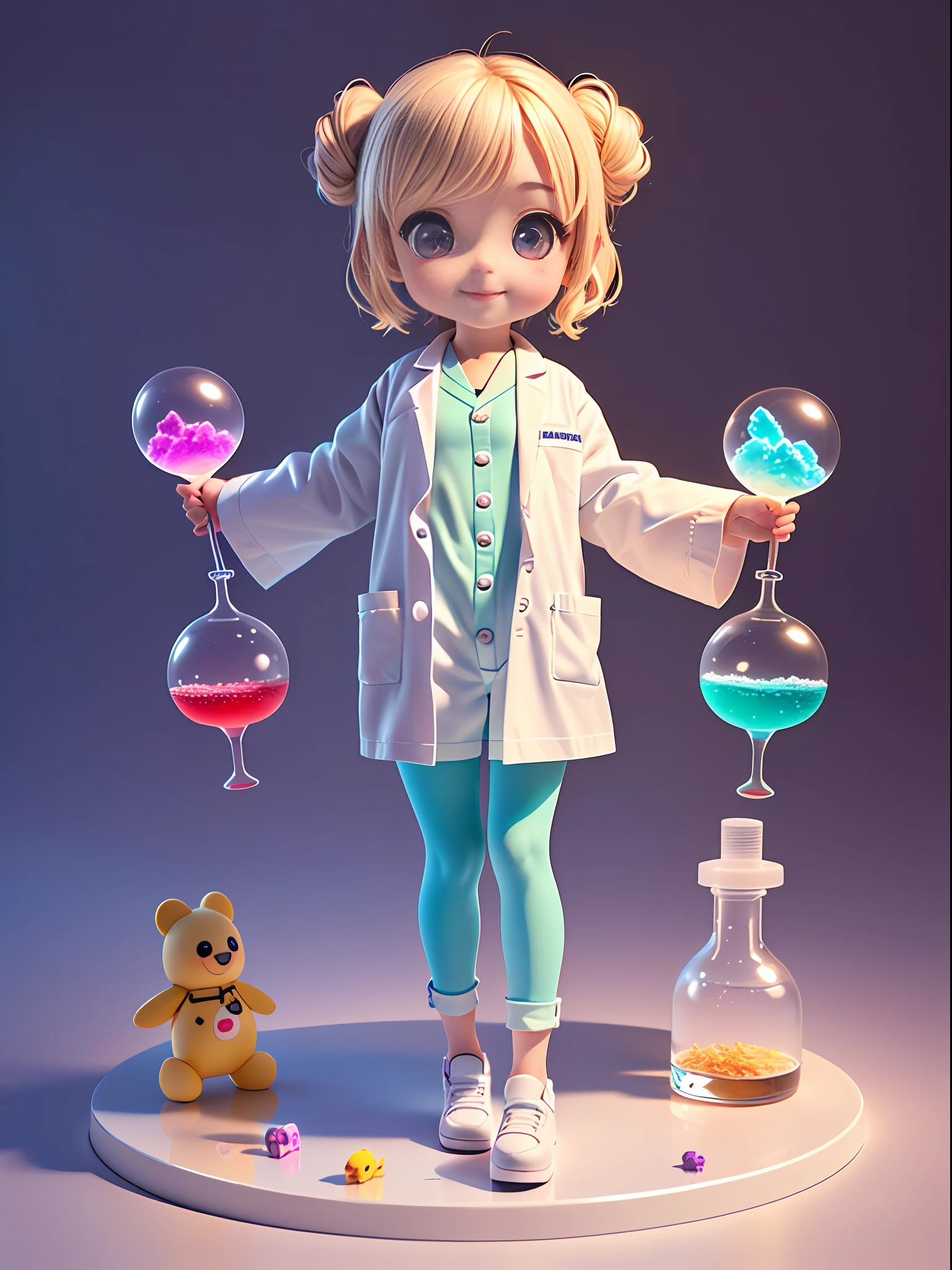 Super cute girl full body 3D drawing, 1 pc, good looking eyes, big eyes, cute, happy, c4d, pop matt blind box, glowing bubbles, toys, solid color background, chibi, fluorescent translucency, luminescence, kawaii, doll, (((scientist, long white lab coat))), reference table, pop mart blind box, Pixar, intricate details, 3d rendering, blender, oc renderer, fol body reference sheet, Dribble, High Details, 8K, Studio Lighting, Loli, Petite, Child, Chibi, SD characters: 1.1, Magic Lab background