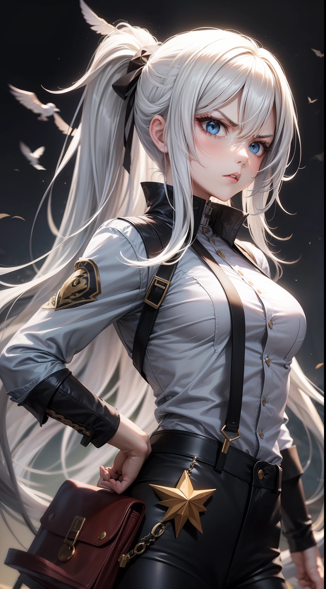 Adult girl, long white hair, high ponytail, blue eyes, angry, dove general's clothes, black trousers, spear, masterpiece, high quality