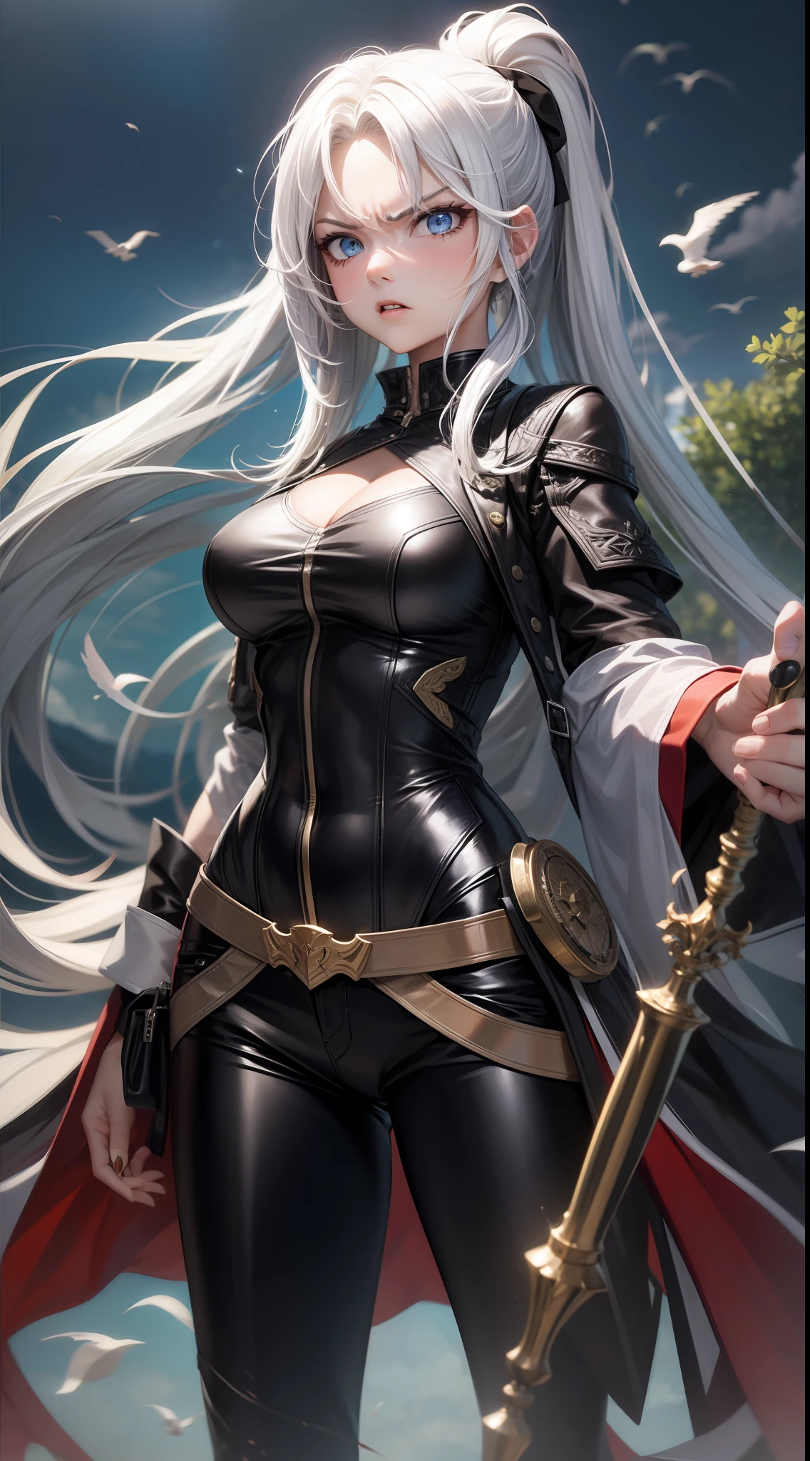Adult girl, long white hair, high ponytail, blue eyes, angry, dove general's clothes, black trousers, spear, masterpiece, high quality