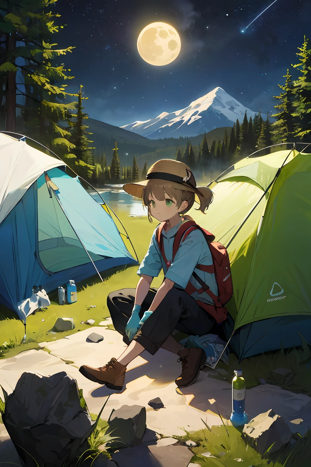 masterpiece, best quality, ultra-detailed, illustration, 1girl, solo, outdoors, camping, night, mountains, nature, stars, moon, tent, twin ponytails, green eyes, cheerful, happy, backpack, sleeping bag, camping stove, water bottle, mountain boots, gloves, sweater, hat, flashlight, forest, rocks, river, wood, smoke, shadows, contrast, clear sky, constellations, Milky Way, peaceful, serene, quiet, tranquil, remote, secluded, adventurous, exploration, escape, independence, survival, resourcefulness, challenge, perseverance, stamina, endurance, observation, intuition, adaptability, creativity, imagination, artistry, inspiration, beauty, awe, wonder, gratitude, appreciation, relaxation, enjoyment, rejuvenation, mindfulness, awareness, connection, harmony, balance, texture, detail, realism, depth, perspective, composition, color, light, shadow, reflection, refraction, tone, contrast, foreground, middle ground, background, naturalistic, figurative, representational, impressionistic, expressionistic, abstract, innovative, experimental, unique