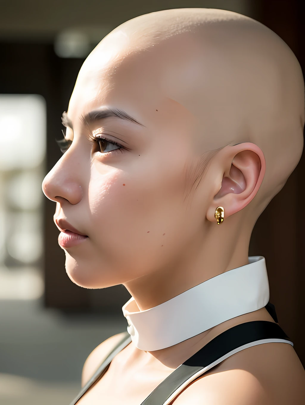 ((Hairstyle is shaved head, skinhead)), (Japan female), age 45 years old, 8K, photottorialism, photorealism, portrait, 85mm lens, depth of field, skin luster is delicate, eyes are brown, eyes are raised, slightly off, lips are plump, chubby, (Yuko Oshima), white corset, connected by a chain from the earlobe to the nose, Large dog wearing a collar, professional-level lighting, (profile)