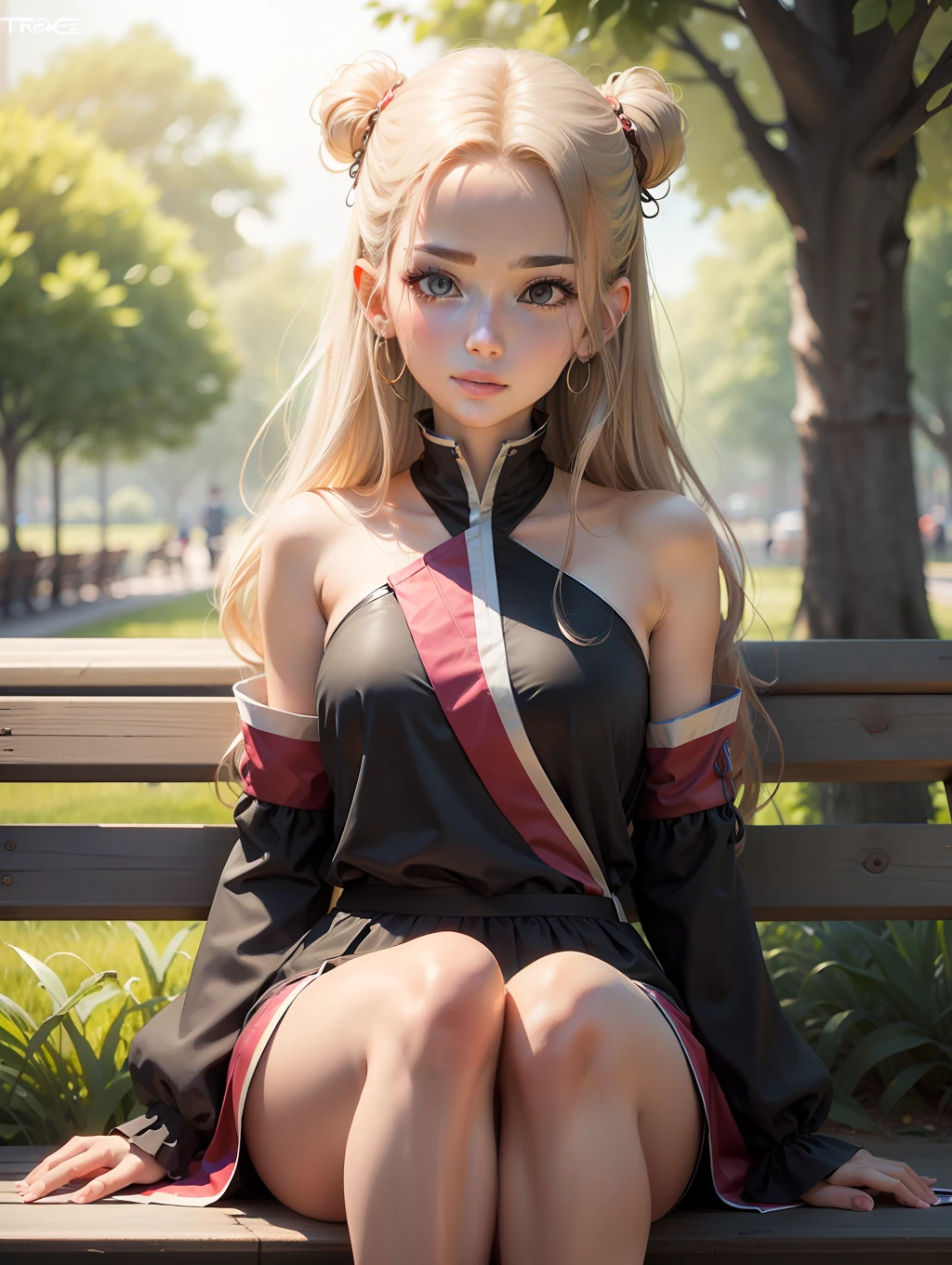 Create an image of a Western-style anime girl sitting on a park bench, blending Western fashion with anime aesthetics. Capture a sense of tranquility in a lush park setting, with charming details, ray trace, (brightening light:1.2), (Increase quality:1.4), (best quality real texture skin:1.4), finely detailed eyes, finely detailed face, finely quality eyes, (tired and sleepy and satisfied:0.0), beautiful clothes, (Increase body line mood:1.1), (Increase skin texture beauty:1.1) (full-body) --auto