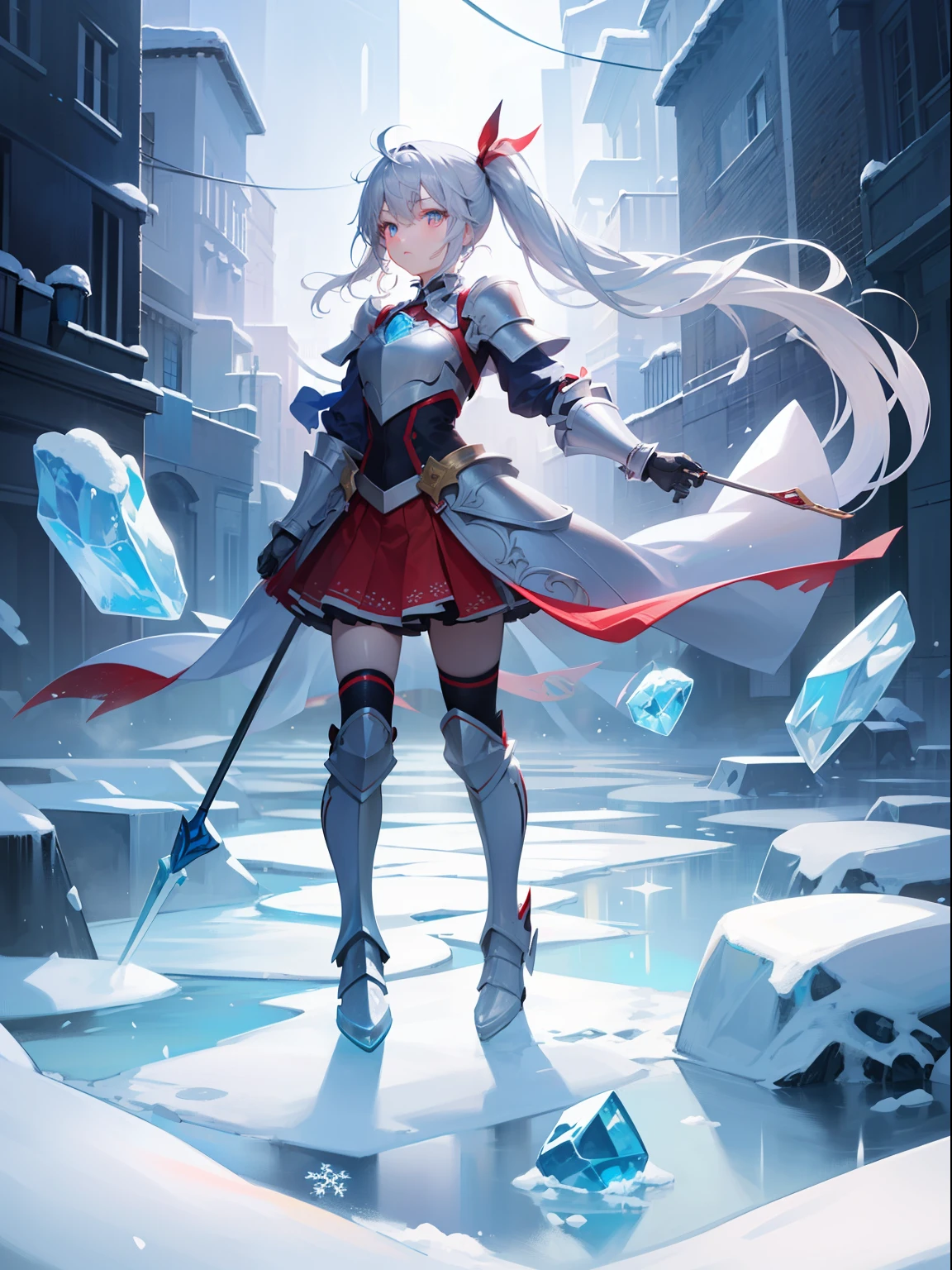 (Fluorescent), (Highest Quality), Charming, Rich in Detail, Reality, (1girl:1.3), Girly, Cute, ((Silver Hair)), Quadratic, Long Ponytail, Light Red Eyes, Red Hairpin, Gold Necklace, Blue Solid Armor, Snow Day, Ice, Floating Crushed Ice, Snowflakes, Ice Cubes