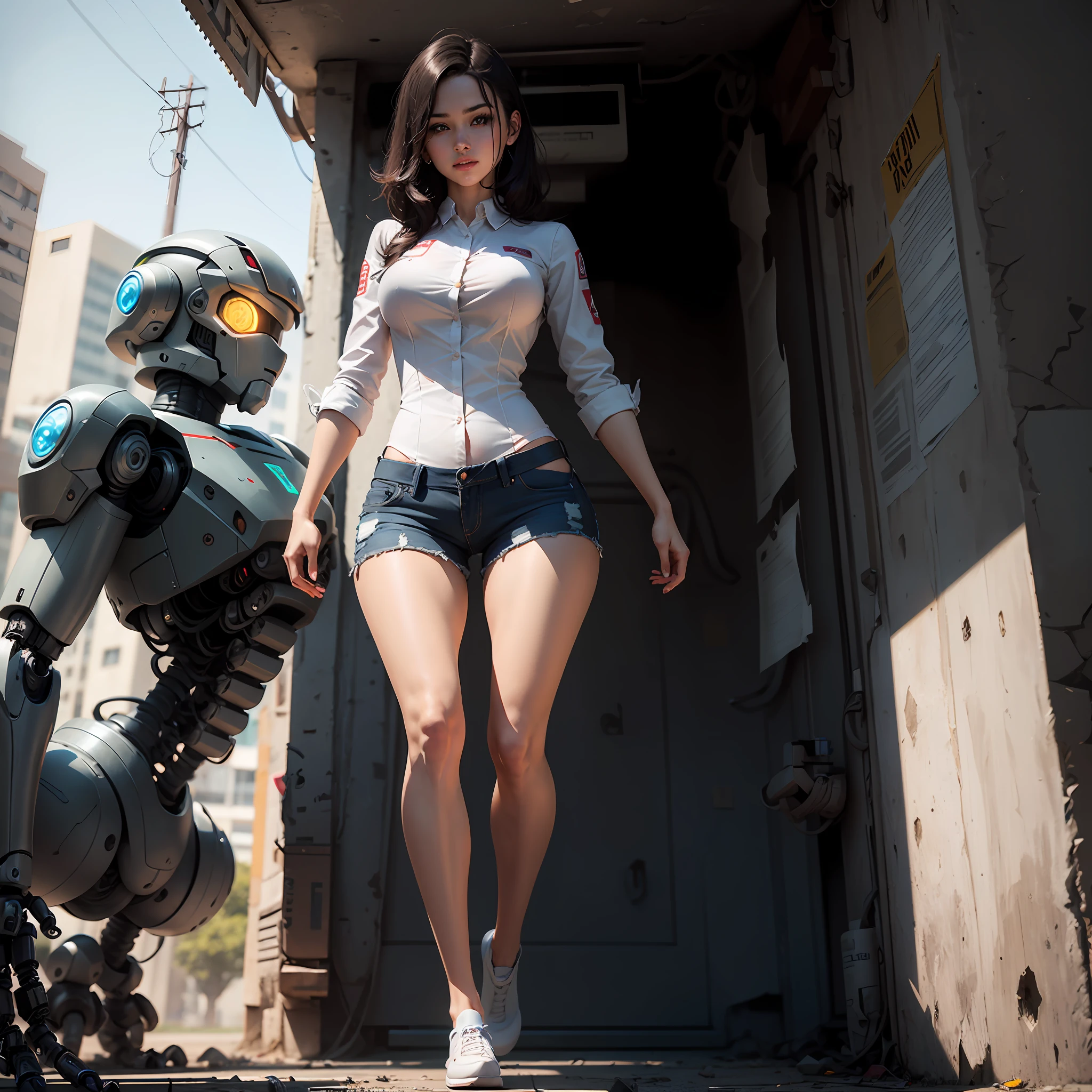 (Melhor Qualidade)), ((Obra-prima)), (Muito detalhado: 1.3), realistic design, professional weight, dress shirt, pretty girl, half human, black hair, rob cut, medium breasts, jean shorts, robotic abdomen, robotic left arm, ultra-detailed robotics, robotic right leg, mega-robotized parts, core in the chest,
 3D, Shitu-mecha, simulação precisa de interações luz-material, proporções perfeitas, renderização de octanas, iluminação duotônica, ISO baixo, --auto