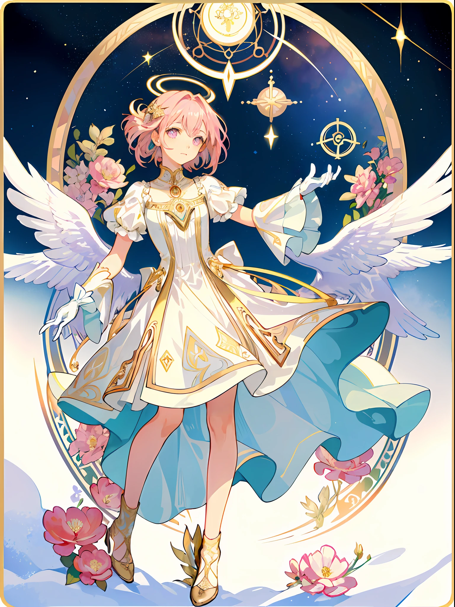 ((masterpiece,best quality)),(1girl, solo:1.4),beautiful detailed eyes, vivid, cinematic light, full_body, pink_flowers, (tarot_card), intricate, detailed background, looking_at_viewer, Madoka Kaname, hands reaching out, (flat chest), (walking), casual pose, posing, (white_gloves), (pink_eyes), white feathers, sparkles, glitter, celestial, outerspace, by alphonse mucha, (gold frame), halo, (tarot border)