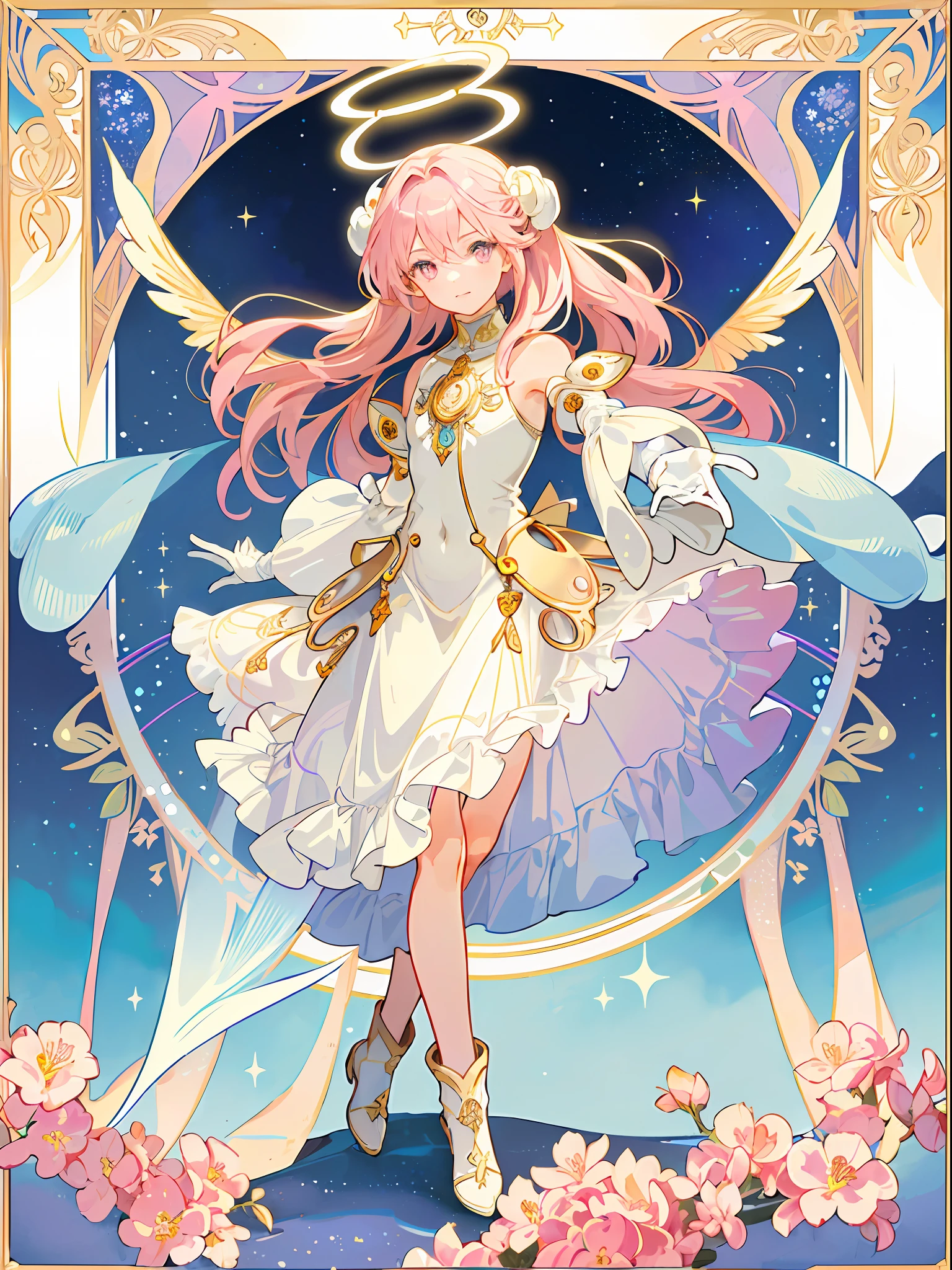 ((masterpiece,best quality)),(1girl, solo:1.4),beautiful detailed eyes, vivid, cinematic light, full_body, pink_flowers, (tarot_card), intricate, detailed background, looking_at_viewer, Madoka Kaname, hands reaching out, (flat chest), (walking), casual pose, posing, (white_gloves), (pink_eyes), white feathers, sparkles, glitter, celestial, outerspace, by alphonse mucha, (gold frame), halo, (tarot border)