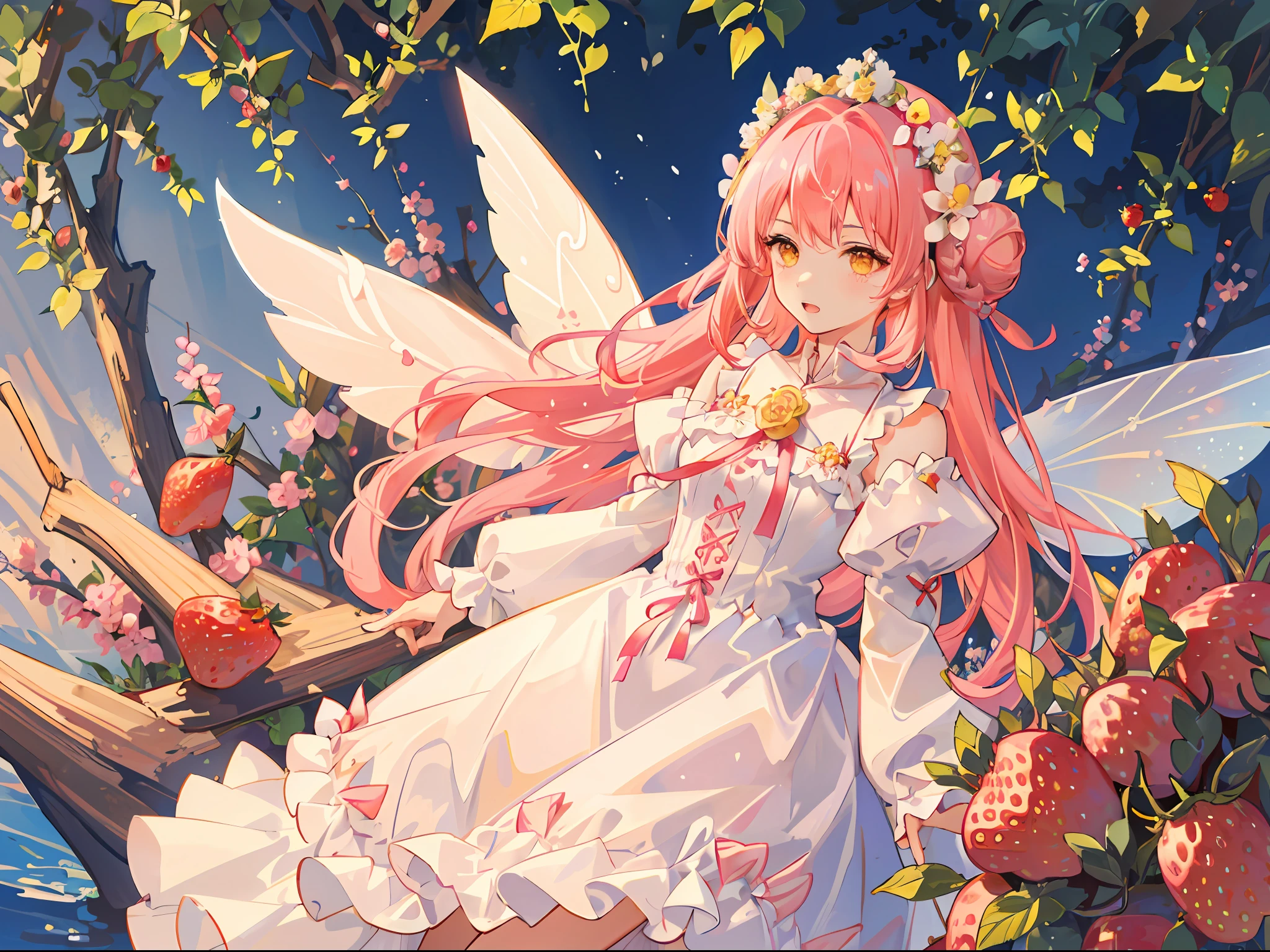 1girl. (masterpiece, best quality, ultra-detailed), strawberry garden, big berries, strawberry fairy, long white and pink embroided lace dress, pink flowy hair with buns, yellow eyes, flower crown, iridescent fairy wings, sunlight, Volumetric light.