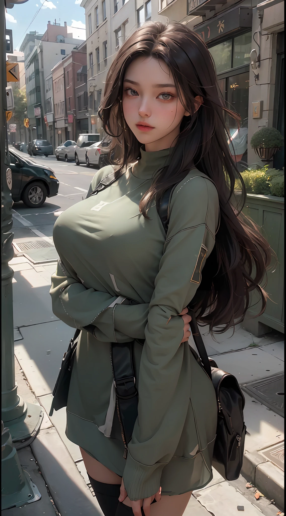 (Best Quality)), (Masterpiece)), (Details: 1.4), 3D, HDR (High Dynamic Range), Ray Tracing, NVIDIA RTX, Super Resolution, Unreal 5, Subsurface Scattering, PBR Texturing, Post-Processing, Anisotropic Filtering, Depth of Field, Maximum Clarity and Sharpness, Multilayer Textures, Albedo and specular maps, Surface shading, accurate simulation of light-material interactions, perfect proportions, Octane rendering, two-tone lighting, wide aperture, low ISO, white balance, rule of thirds, 8K RAW, street, dark hair, parents are rich, background is urban, geek understandable, good style, Constricted, absolute area, ruddy complexion, hair tied back, about 150 tall ((dark brown hair, big: 1.3)), cool, provocative eyes, arms crossed, realistic, cute, green clothes, tilted, silky hair, sister, assertive breasts