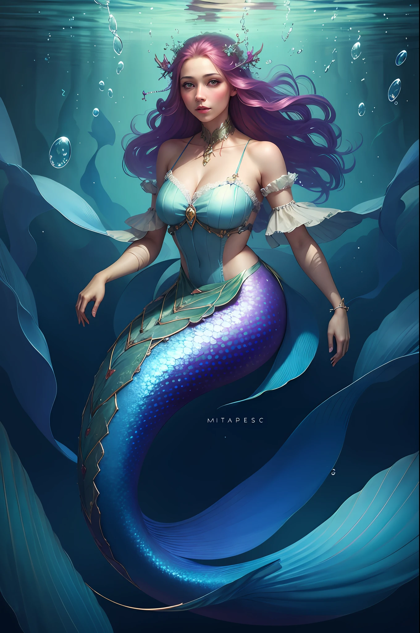 Best quality, masterpiece, ultra high res, (photo realistic:1.4), surrealism, dream-like,
1 girl, (MackenzieHyde:0.8), slip dress, fantasy art, underwater, bubble,
mermaid,