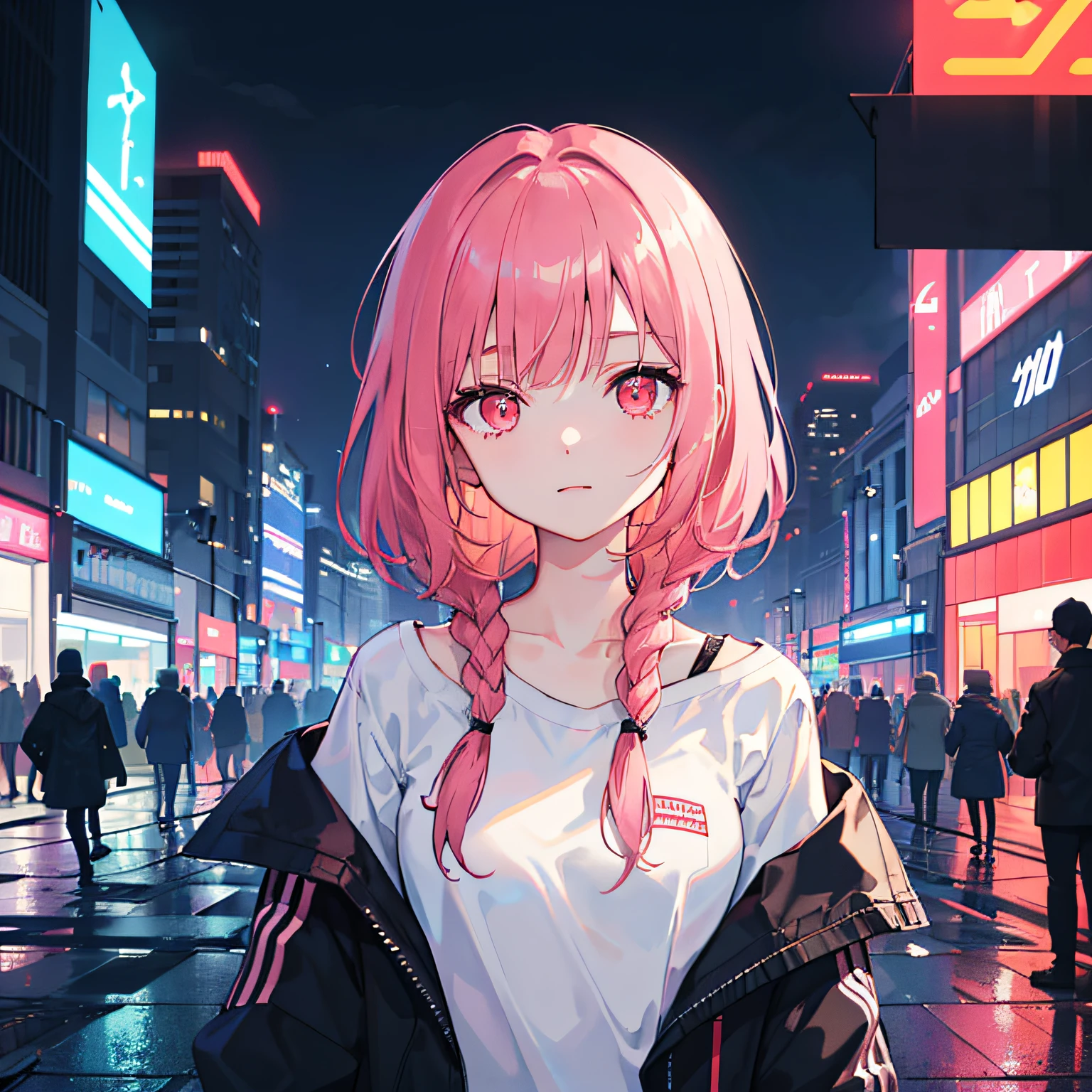 1girl, solo, li, pee, (very_long_pink_hair), braids, (red_eyes), medium_breasts, (white_shirt:1.5), (windbreaker), (off_shoulder:1.2), (portrait), glowing_eyes, background_light, (cityscape:1.5), (neon_lights:1.2), (science), cyberpunk, ((masterpiece)), (highres), (best_quality), (highly_detailed), (original),(Delicate background),(extremely detailed 8K wallpaper),cinematic lighting, volume lighting, light particles, shaded_face, beautiful_detailed_eyes, depth_of_field, perspective,