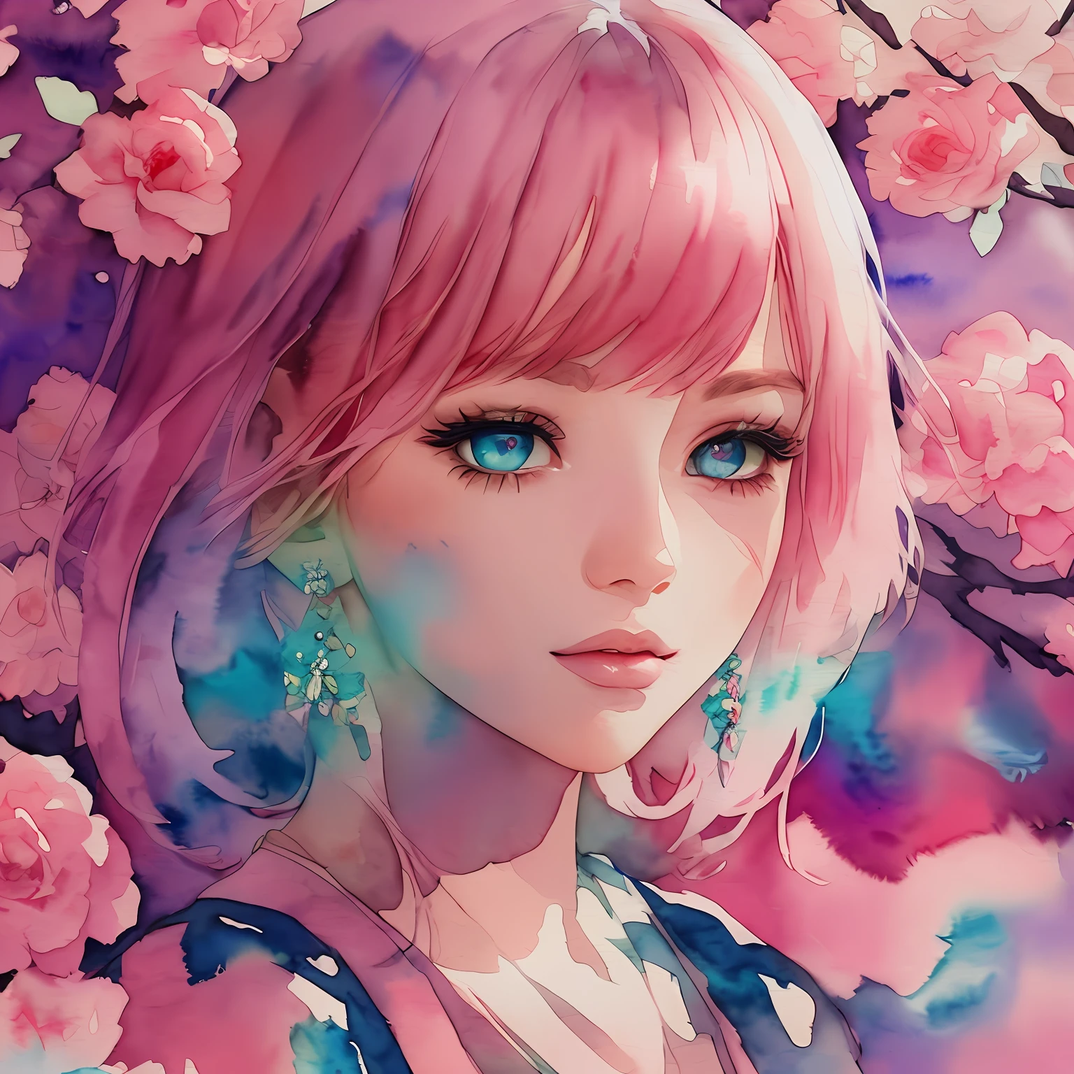 (Best Quality), (Masterpiece: 1.2), (Colorful: 0.9), (Ink Splash), (Color Splash), ((Watercolor)), Sharp Focus, (Portrait Summer Goddess: 1.5), Cute Look, Elegant Pink Haircut, Beautiful and Detailed Face and Eyes, Elegant Clothes, Spring Forest Background, Colored Water