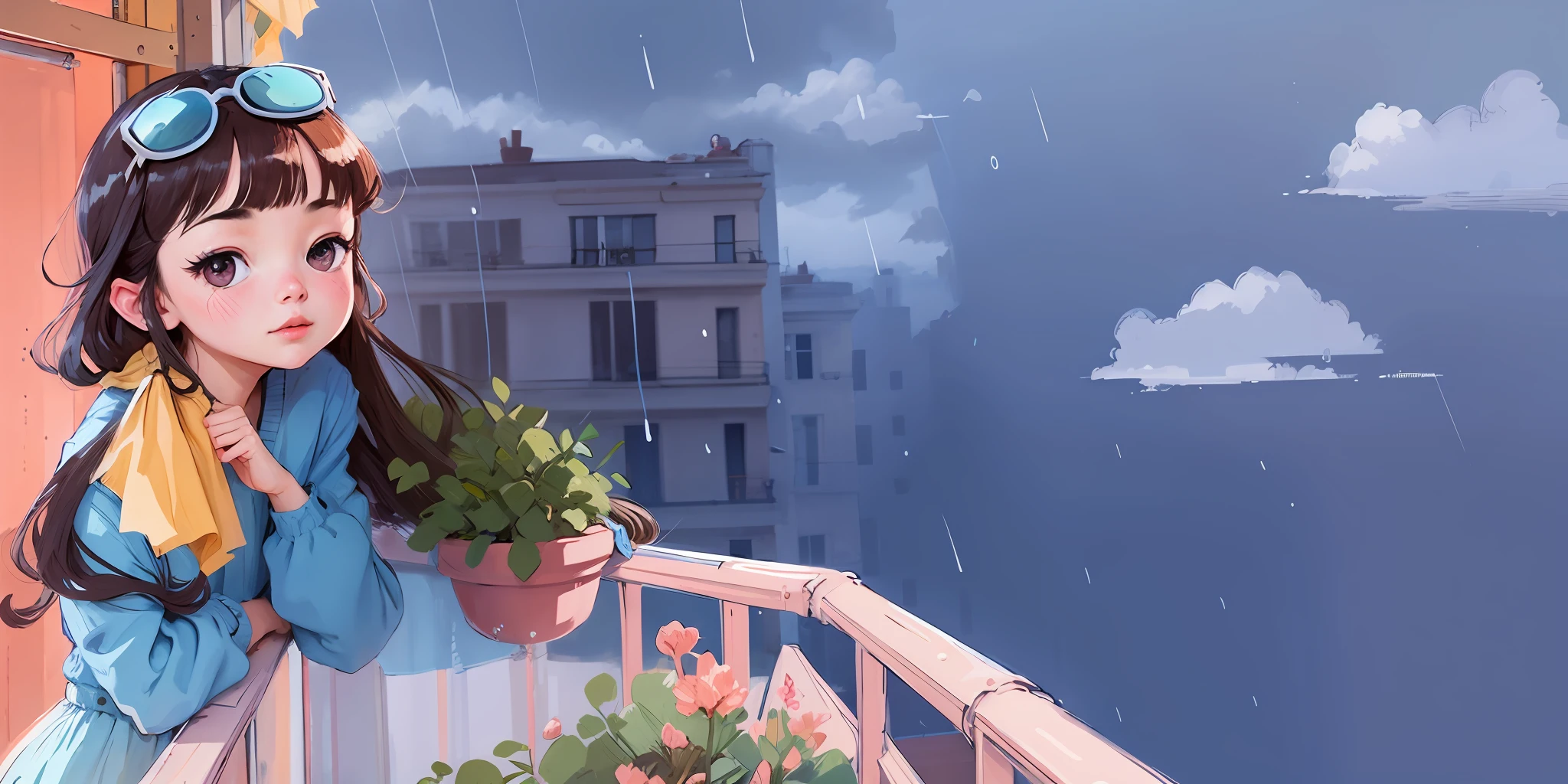 Anime girl holding yellow handkerchief on balcony, blurry and dreamy illustration, rainy afternoon, dream illustration, rainy day, when it rains, rainy outside, rainy day, rainy day, rainy day, mood painting, rainy day, cloudy day, rainy day outside, rainy day, gloomy atmosphere, rainy outside the window, rainy mood, balcony scene