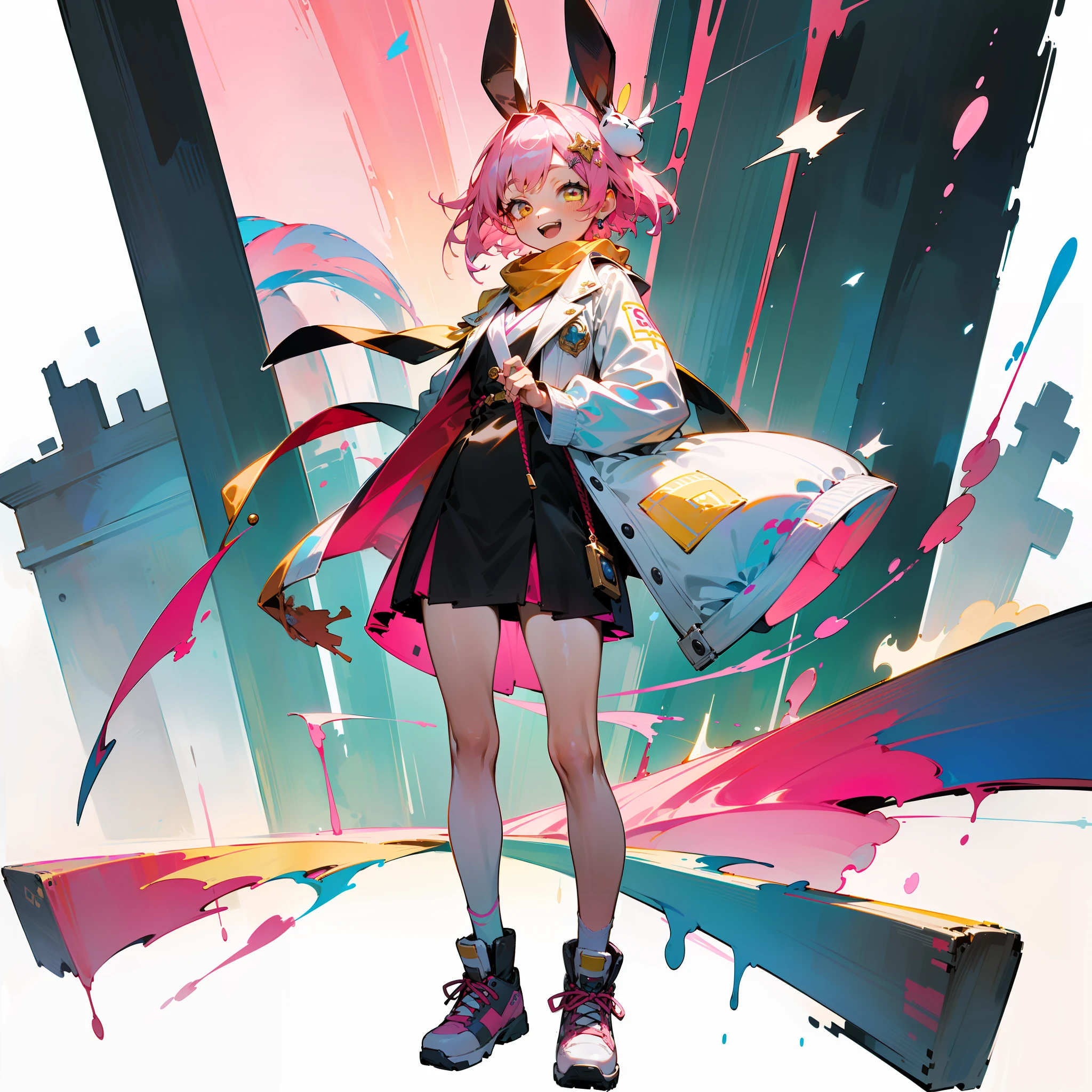 (best quality), {masterpiece}, {very detailed}, {super detailed}, {high resolution}, {absurd}, 1 girl, solo, anime, full body shooting, (pink and white pendulum punk jacket, pink sneakers), (pink short hair yellow eyes), (white simple round background), (standing painting style), pink glow, bunny icing, standing, bouncing, dynamic, (fine beautiful face and eyes), vibrant laugh, cowboy shot, ((full body)), ((rabbit square scarf hair ornament)), volumetric lighting, (Short Girl), (Original God Standing Painting Style), the character is the main body