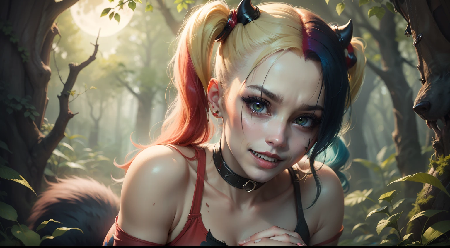 (masterpiece, best quality), Harley Quinn, beautiful woman, becoming werehyena, pigtails, furry tail, sharp teeth, clawed hands, beautiful face, perfect face, big gorgeous eyes, parted lips, perfect slim fit body, forest, full moon, bright colors