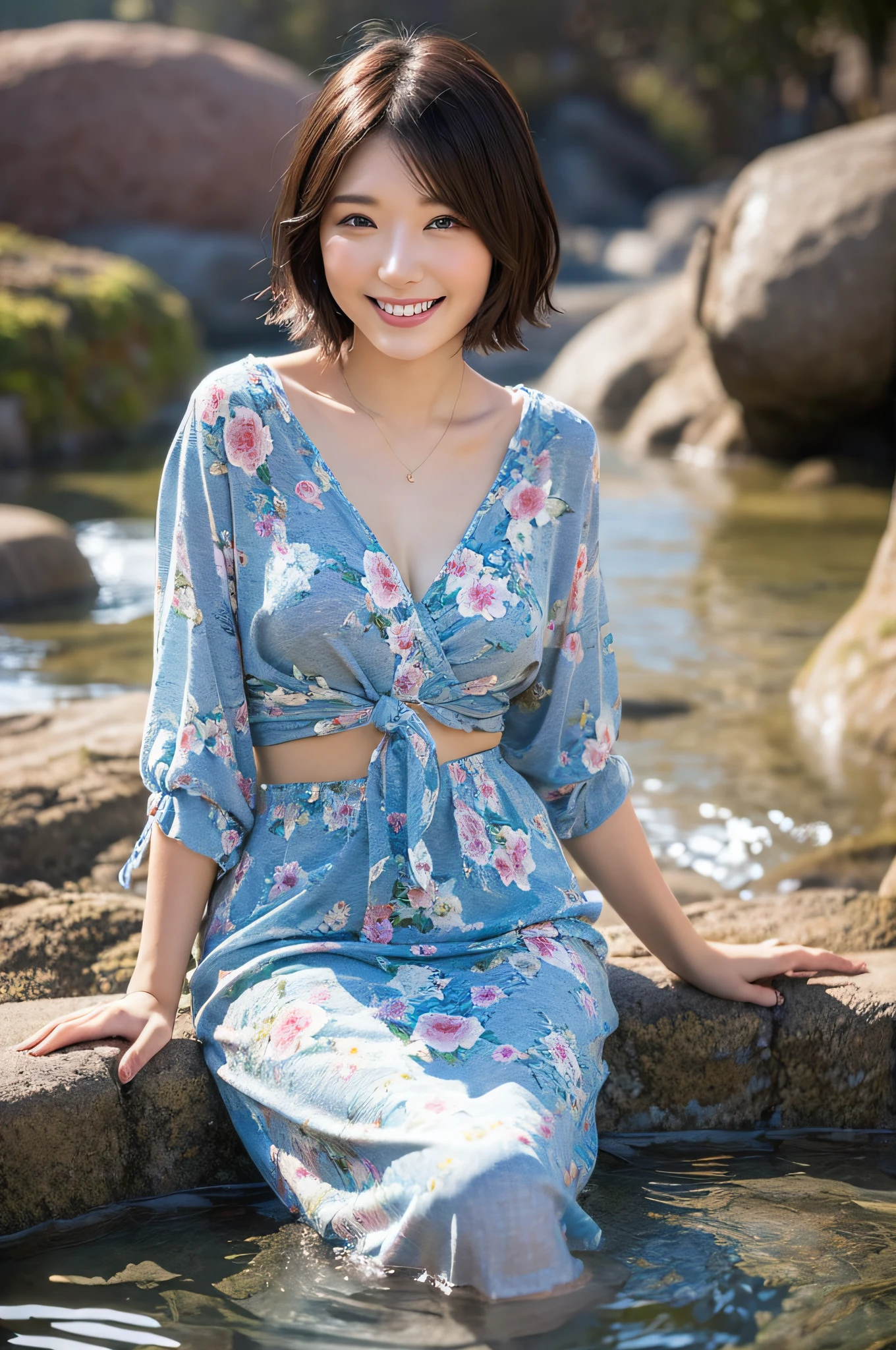 (Top Quality, 8k, 32k, Masterpiece, UHD: 1.2), 1 girl, beautiful Japan woman, slender waist, beautiful woman with perfect style: 1.4, big: 1.3, fine face, smile, inn, hot spring, sitting, short hair, steam