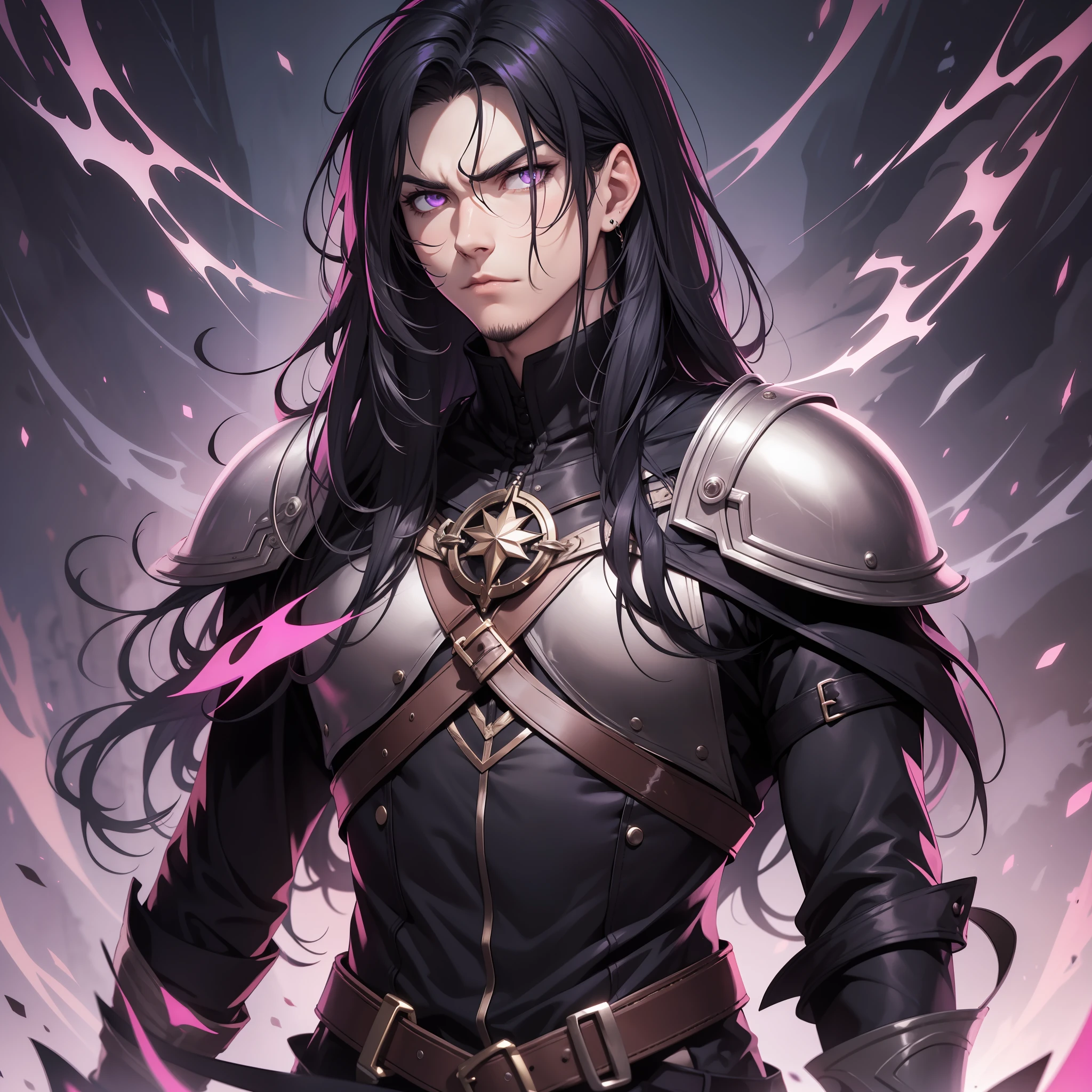 Long hair tapping on shoulder, bangs, male, male, young adult, black hair, purple eyes, medieval, arcane, intimidating look, lonely, man, male, male, 4k, good quality