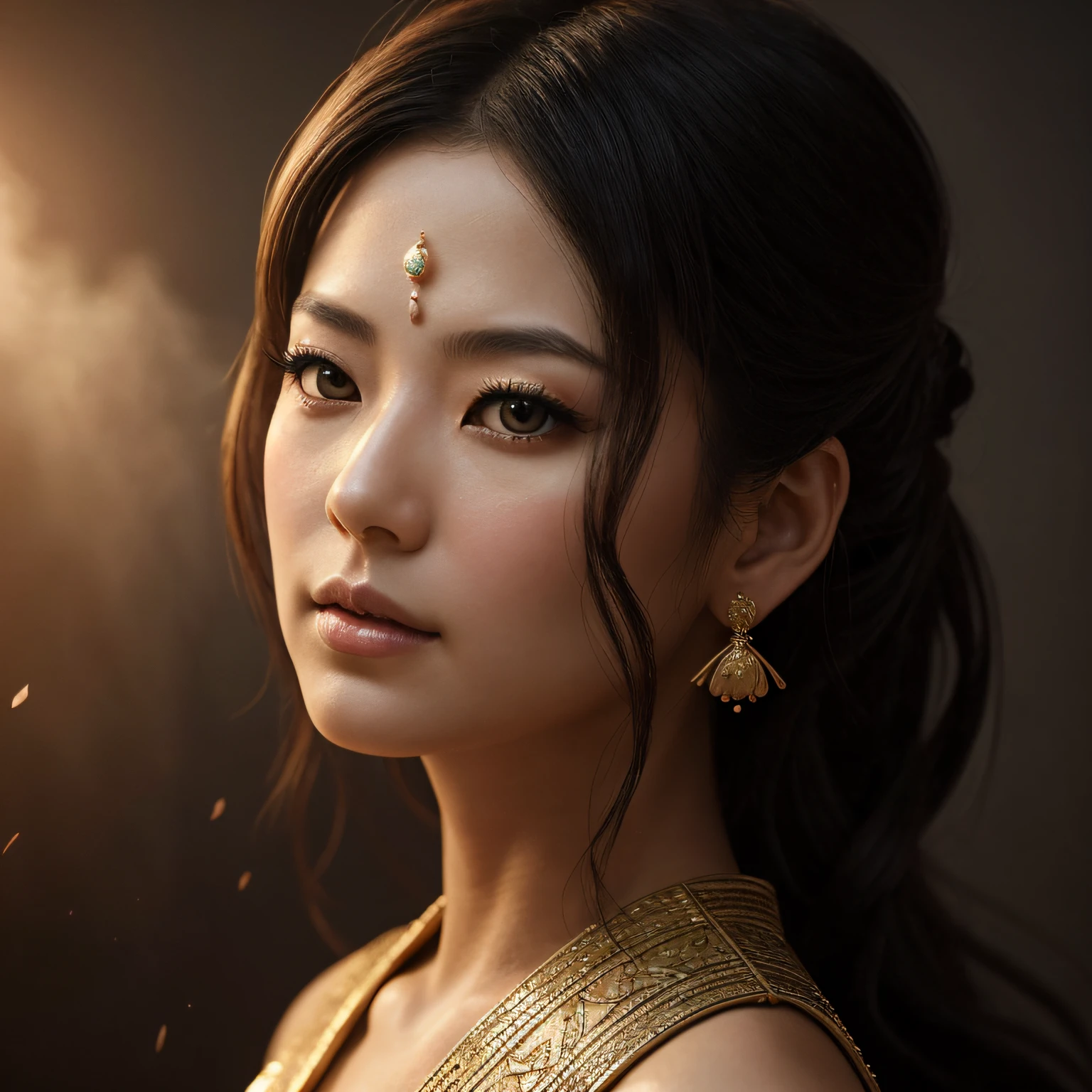 I challenge you to create an ultra-realistic, 4K-quality illustration that depicts the female face of Izanami, the goddess associated with death and the underworld in Japanese mythology. In this cinematic and epic scene, seek to highlight the Japanese traits, highlighting their divine nature and making it stunning.

The illustration should capture the mysterious and beautiful essence of Izanami, with an emphasis on classic Japanese traits. Your face should be portrayed with delicacy and serenity, emphasizing expressive eyes, elegant eyebrows and soft lips. Explore minute details, such as radiant, immaculate skin that conveys a sense of divinity and transcendental beauty.

To create the cinematic effect, use carefully crafted lighting. Highlight Izanami's face with a soft, soothing light that highlights his distinctive features and creates subtle shadows that add depth and realism to the scene. This illumination should contribute to the mystical and magical atmosphere that surrounds the goddess.

Add epic elements that emphasize Izanami's divinity. For example, it is possible to depict delicate strands of mist or flower petals floating around it, evoking a sense of mystery and charm. Other elements that can complement the illustration include a traditional Japanese ornament on your hair, such as a cherry blossom or an elegant hair adornment.

When exploring 4K resolution, make sure every detail is represented accurately and carefully, allowing viewers to appreciate the richness of the strokes, textures, and visual elements present in the illustration.

Feel free to express your creativity and add additional details that enhance Izanami's atmosphere of divinity and beauty. Seek to convey the essence of Japanese traits and the timeless beauty of the goddess, creating a realistic, epic, cinematic and stunning illustration.