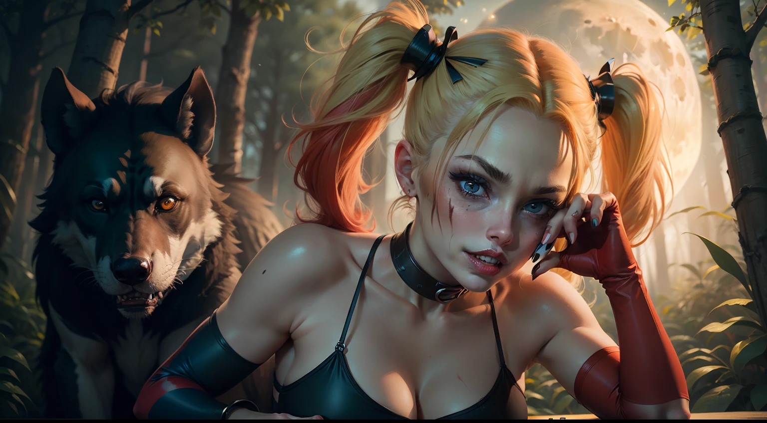 (masterpiece, best quality), Harley Quinn, beautiful woman, becoming werehyena, pigtails, furry tail, sharp teeth, clawed hands, beautiful face, perfect face, big gorgeous eyes, parted lips, perfect slim fit body, forest, full moon, bright colors