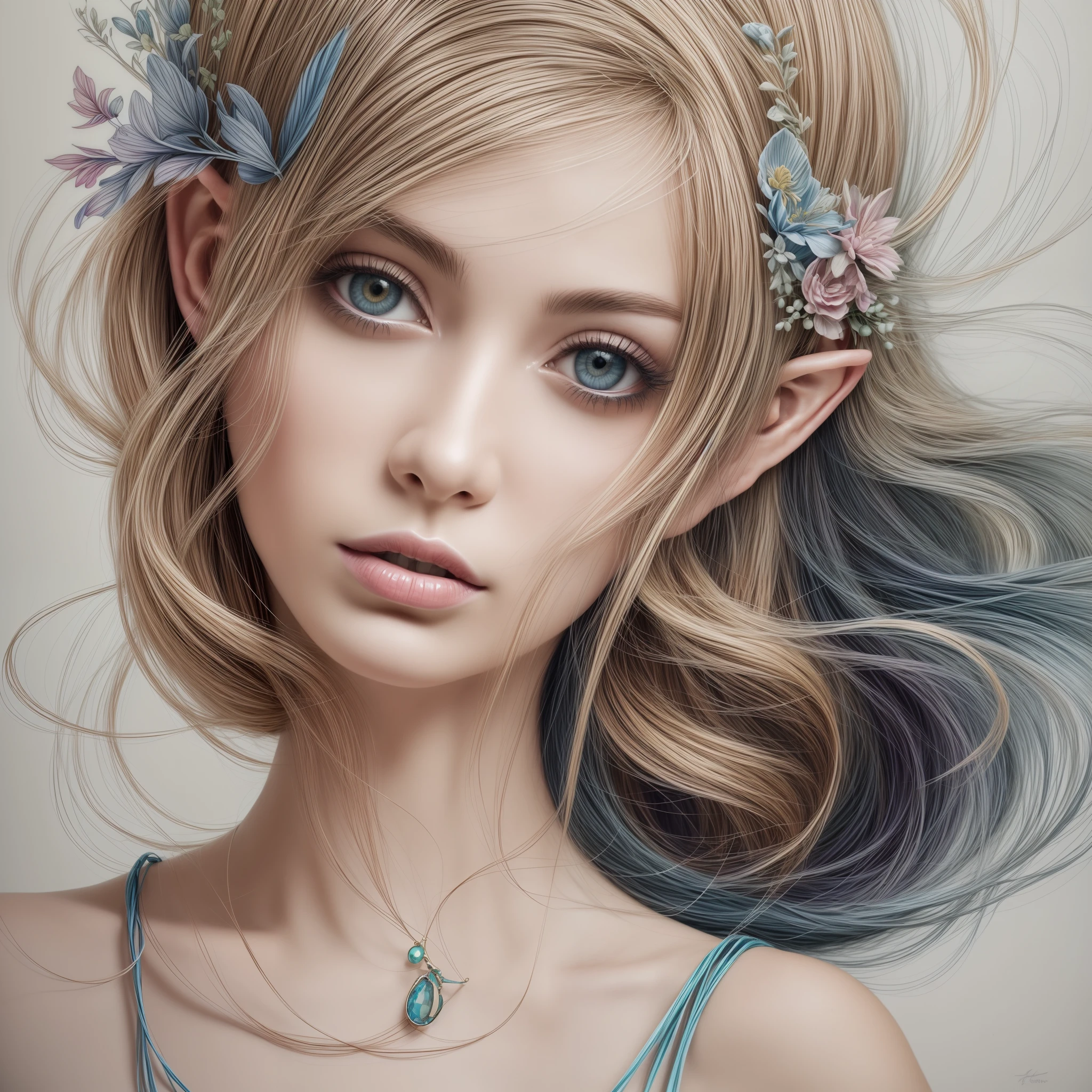 ****Immerse yourself in the colourful fantasy world of an elven woman exquisite clothing detail ,Artists studio backdrop, creating a captivating and introspective professional color drawing, crafted in a masterful blend of the unique artistic styles inspired by Amy Brown, Daria Petrilli, and Andrea Kowch. This remarkable artwork showcases the delicate fusion of soft watercolors, inks, and colored pencils, resulting in a harmonious composition. The piece emanates a soft whimsical aura, featuring a serene woman gracefully traversing the wonders of nature. The artwork seamlessly weaves together the profound connections between humans and animals, offering a glimpse into the enchanting bond that exists between these beings. The use of soft, muted shades adds depth and evokes a sense of tranquility, while the minimalist shapes imbue the artwork with an elegant simplicity. Photographed by David bailey using Hasselblad’s flagship mirrorless medium format camera X2D 100C. 1000mps