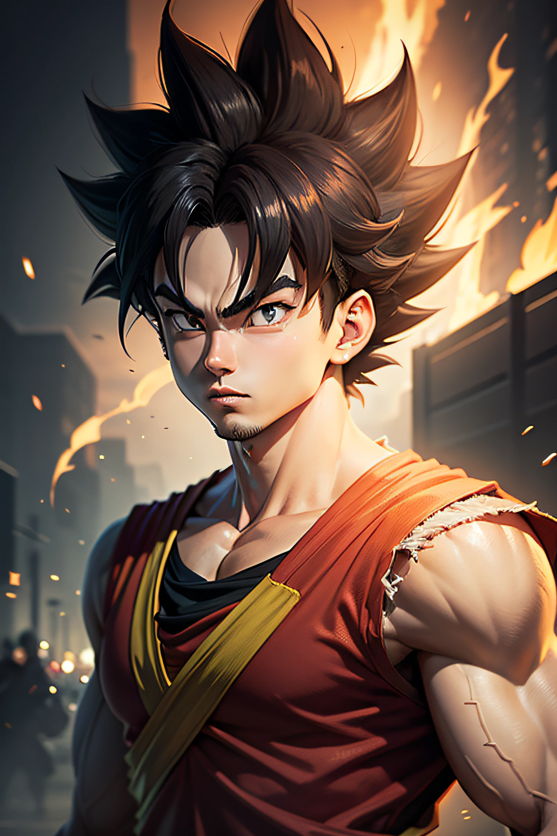 anime - style image of a man with a sword and a red shirt, dragon ball concept art, akira toriyama style, dragon ball artstyle, advanced digital anime art ”, highly detailed portrait of goku, toriyama akira, detailed anime character art, inspired by Akira Toriyama, portrait of goku, stunning character art, dragon ball style --auto