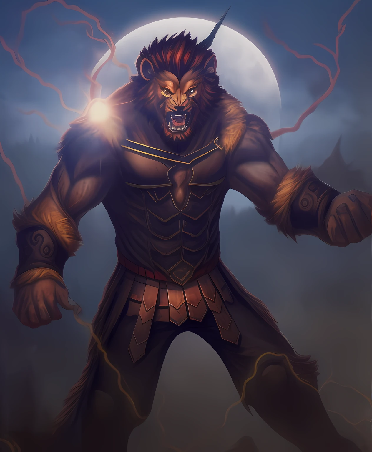 (detailed description)+. (best quality)+,(extremely detailed)+(masterpiece)+,(ultra detailed),(masterpiece, best quality: 1.2), detailed face, free hands, solo, male focus, Iskandar, hair, redhead, half crossbow, demi human, lion face, hair, claws, mane, tail, unarmored, unarmed, werelion, werewolf, berserker, demi human, mature, muscular, smile, looking at the viewer, hands on hips, trimmed skin cover, good lighting, free hands,  detailed hands