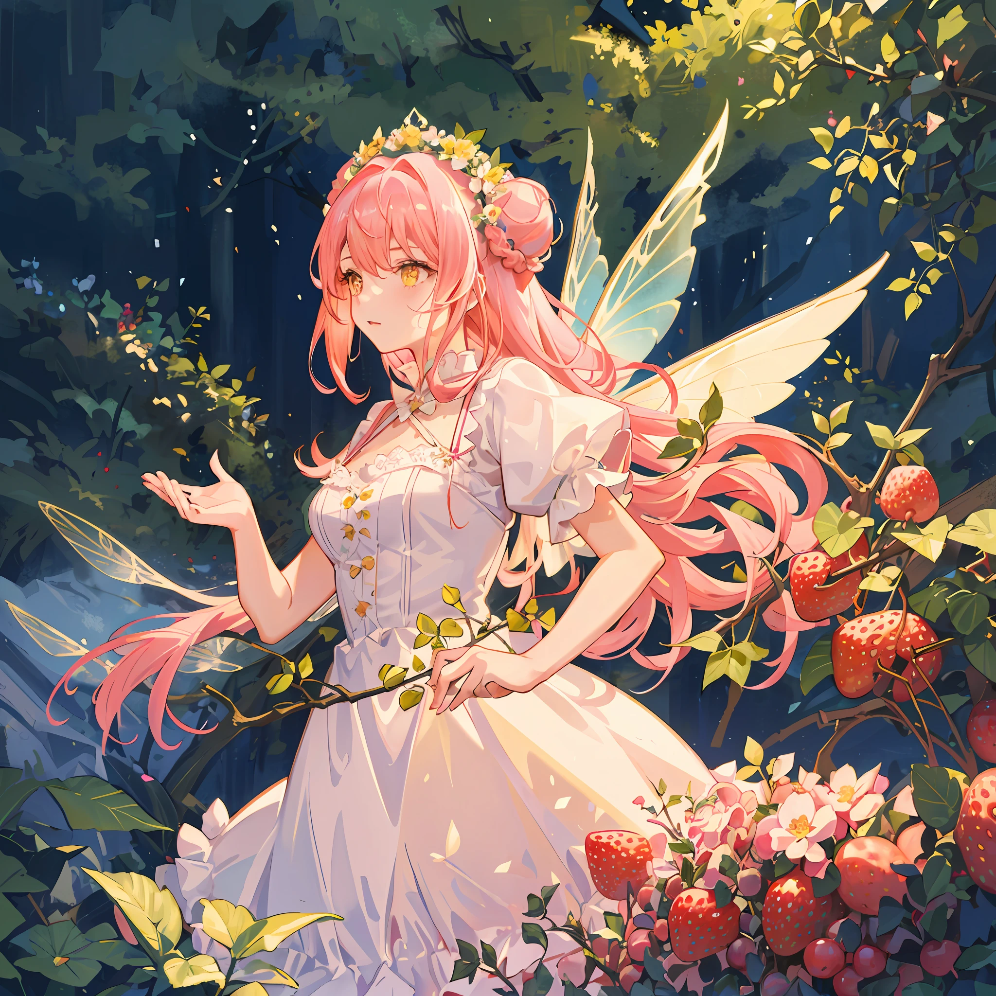 1girl. (masterpiece, best quality, ultra-detailed), strawberry garden, big berries, strawberry fairy, long white and pink embroided lace dress, pink flowy hair with buns, yellow eyes, flower crown, iridescent fairy wings, sunlight, Volumetric light.
