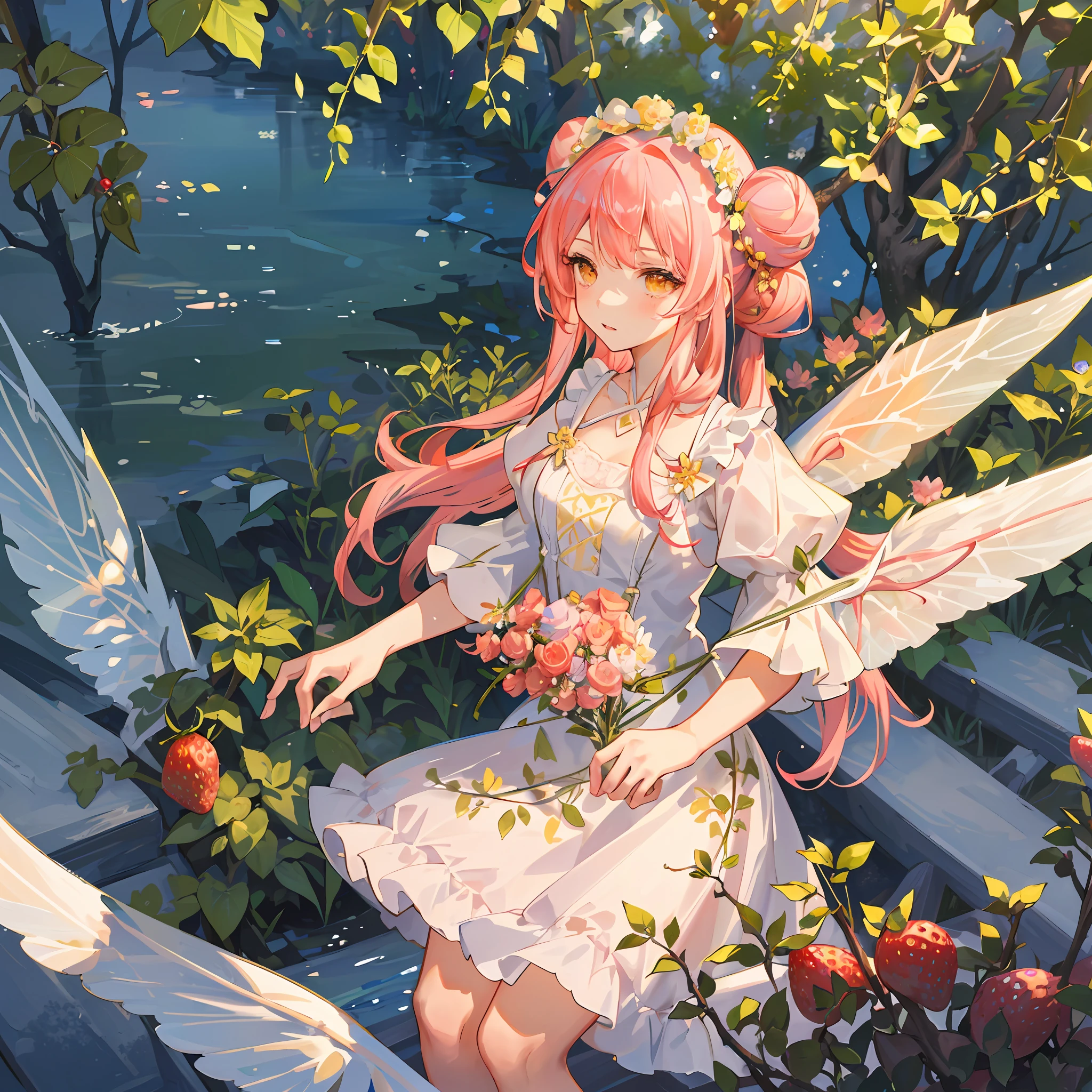 1girl. (masterpiece, best quality, ultra-detailed), strawberry garden, big berries, strawberry fairy, long white and pink embroided lace dress, pink flowy hair with buns, yellow eyes, flower crown, iridescent fairy wings, sunlight, Volumetric light.