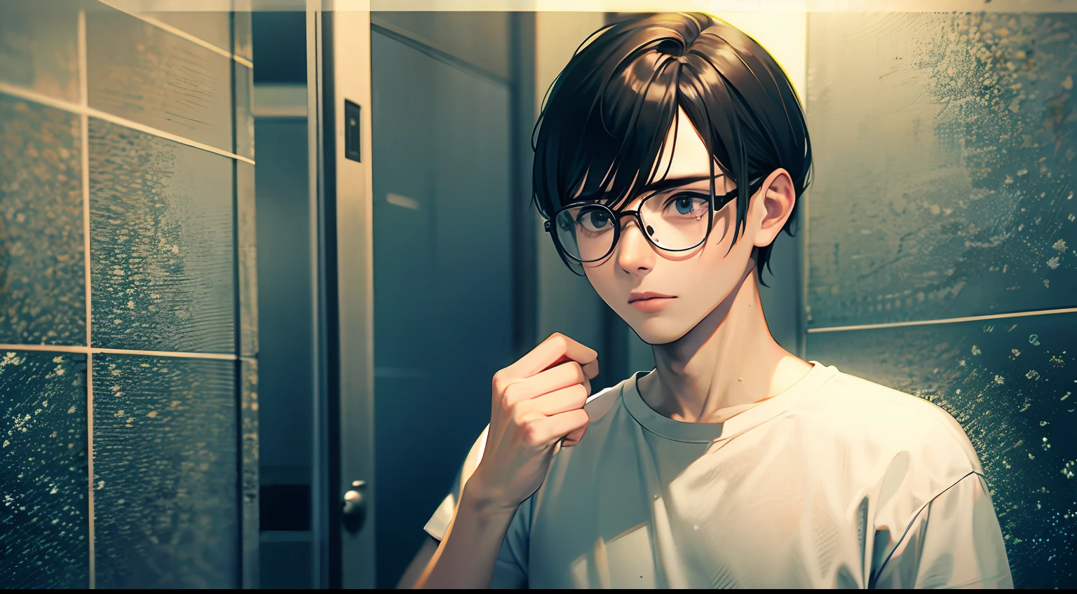 a teenager male, black hair, wear glasses, T-shirt, jeans, dark nifht, heavy rain, lonely, facepalm, tearing up, panorama, ray tracing, reflection light, chiaroscuro, cinematic lighting, glowing light, masterpiece, best quality, high details, highres, ccurate, textured skin, high quality, UHD, HD