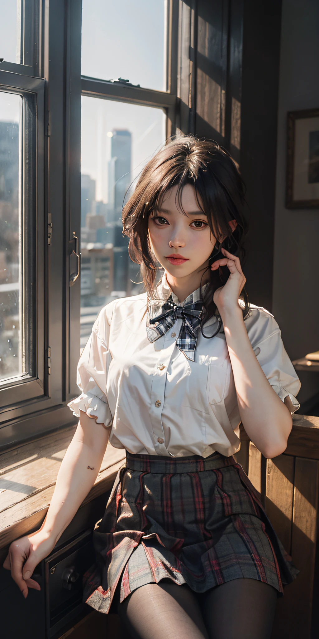 bestquality,masterpiece,highres(photorealistic:1.4),4k,1girl,jkstyle,shortsleeves,skirt,pleatedskirt,cityscape,indoors,tiedhair,headtilt,hairtie,bowtie,blackshirt,,texture,window,plaid_skirt,Highqualityshadow,Whitepantyhose,Singlelightsource,blurryforeground,depthoffield,lowkey,Filmlighting,