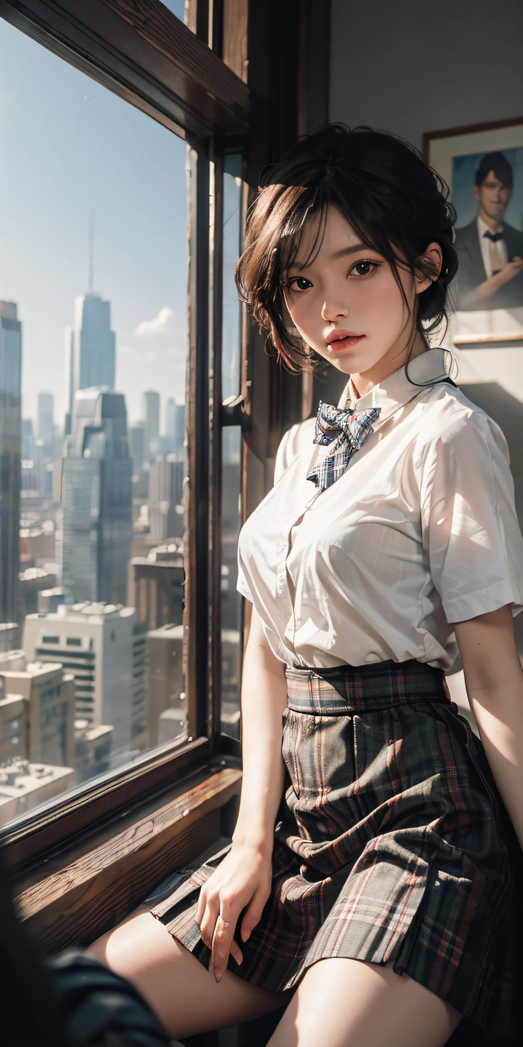 bestquality,masterpiece,highres(photorealistic:1.4),4k,1girl,jkstyle,shortsleeves,skirt,pleatedskirt,cityscape,indoors,tiedhair,headtilt,hairtie,bowtie,blackshirt,,texture,window,plaid_skirt,Highqualityshadow,Whitepantyhose,Singlelightsource,blurryforeground,depthoffield,lowkey,Filmlighting,