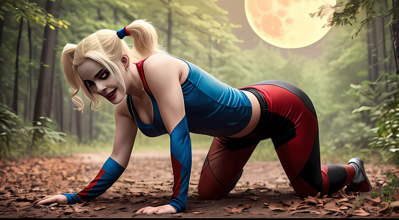 (masterpiece, best quality), Harley Quinn, beautiful woman, on all fours, becoming werehyena, pigtails, furry tail, sharp teeth, clawed hands, beautiful face, perfect face, big gorgeous eyes, parted lips, perfect slim fit body, forest, full moon, bright colors --auto