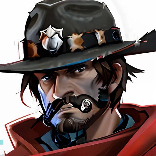 a man with a hat and a beard wearing a red coat, jesse mccree, mccree from overwatch, gungrave, graves, character icon, sage ( valorant ), portrait of apex legends, roguish smirk, piltover, character profile art, as an overwatch character, a portrait of the character, from overwatch, iconic character splash art