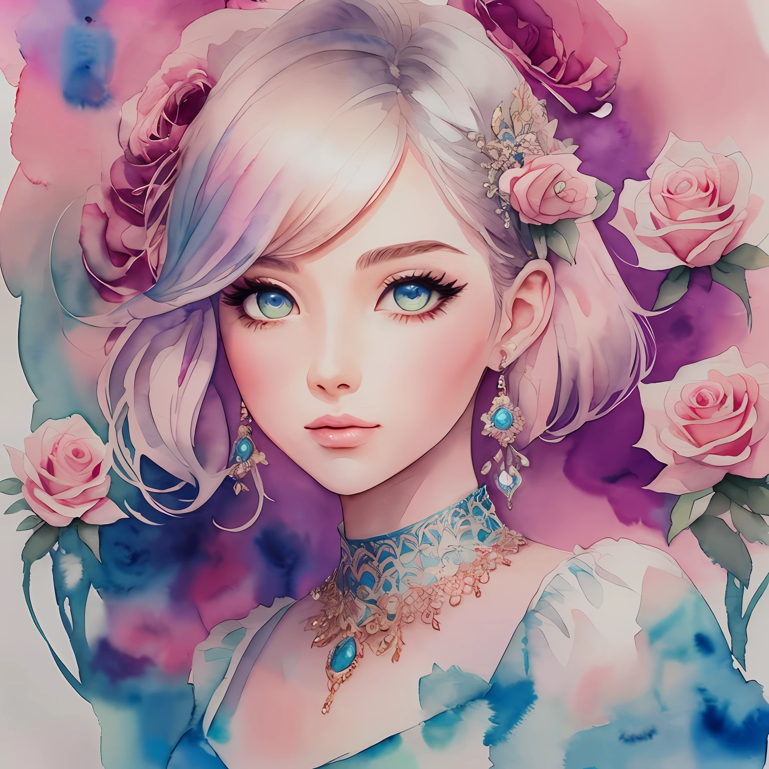 (Best Quality), (Masterpiece: 1.2), (Colorful: 0.9), (Ink Splash), (Color Splash), ((Watercolor)), Sharp Focus, (Portrait Summer Goddess: 1.5), Cute Look, Elegant Pink Haircut, Beautiful and Detailed Face and Eyes, Elegant Clothes, White Rose Background, Colored Water