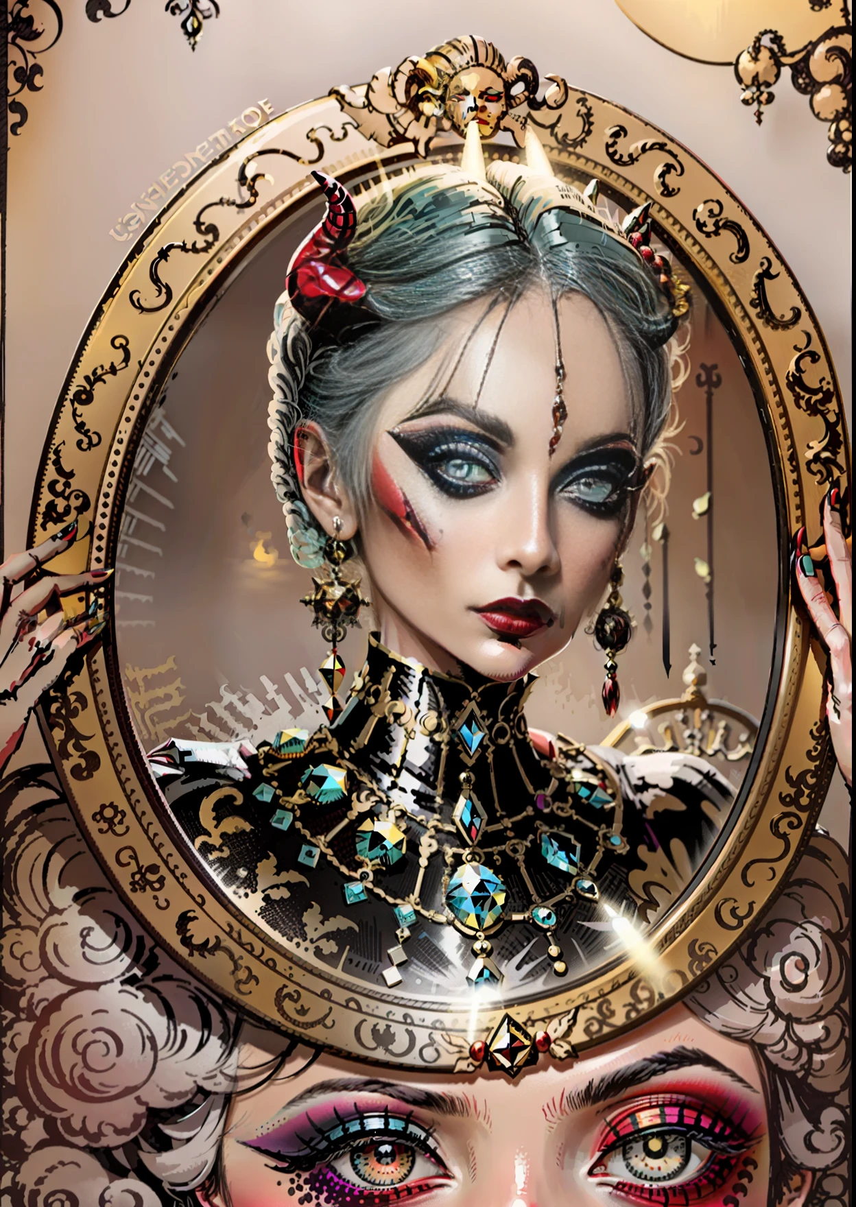 Make a tarot style picture with a makeup artist doing makeup for a demon in front of a mirror