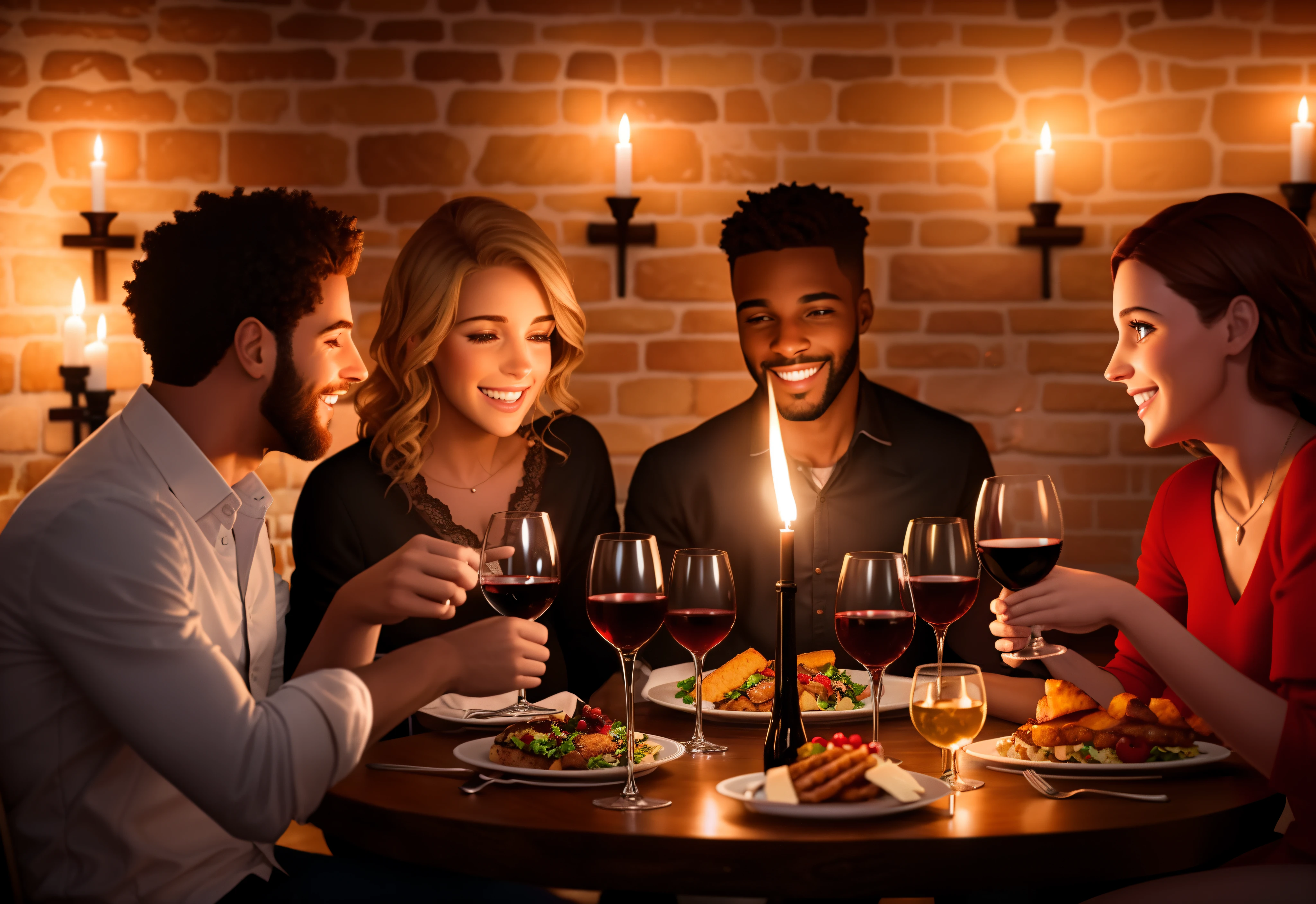 portrait of beautiful couples having a romantic group dinner, interracial double date, wine, food, torches on the wall, schnapps, romantic, inviting, cozy, 8k uhd, octane render, 4k, HDR, dynamic lighting