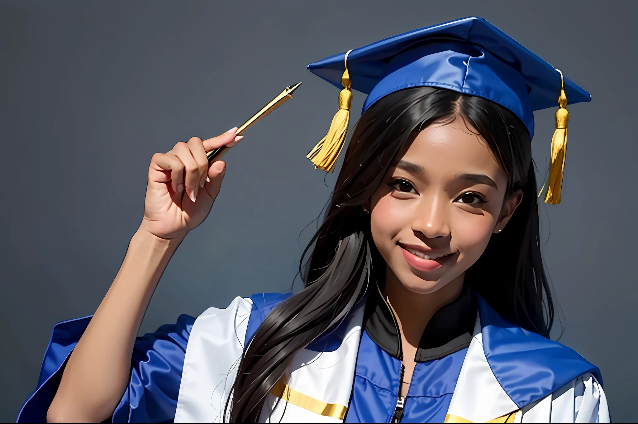 A depiction of Mae Jemison proudly receiving her medical degree upon graduating from Cornell University wearing graduate cap and gown, blur background.